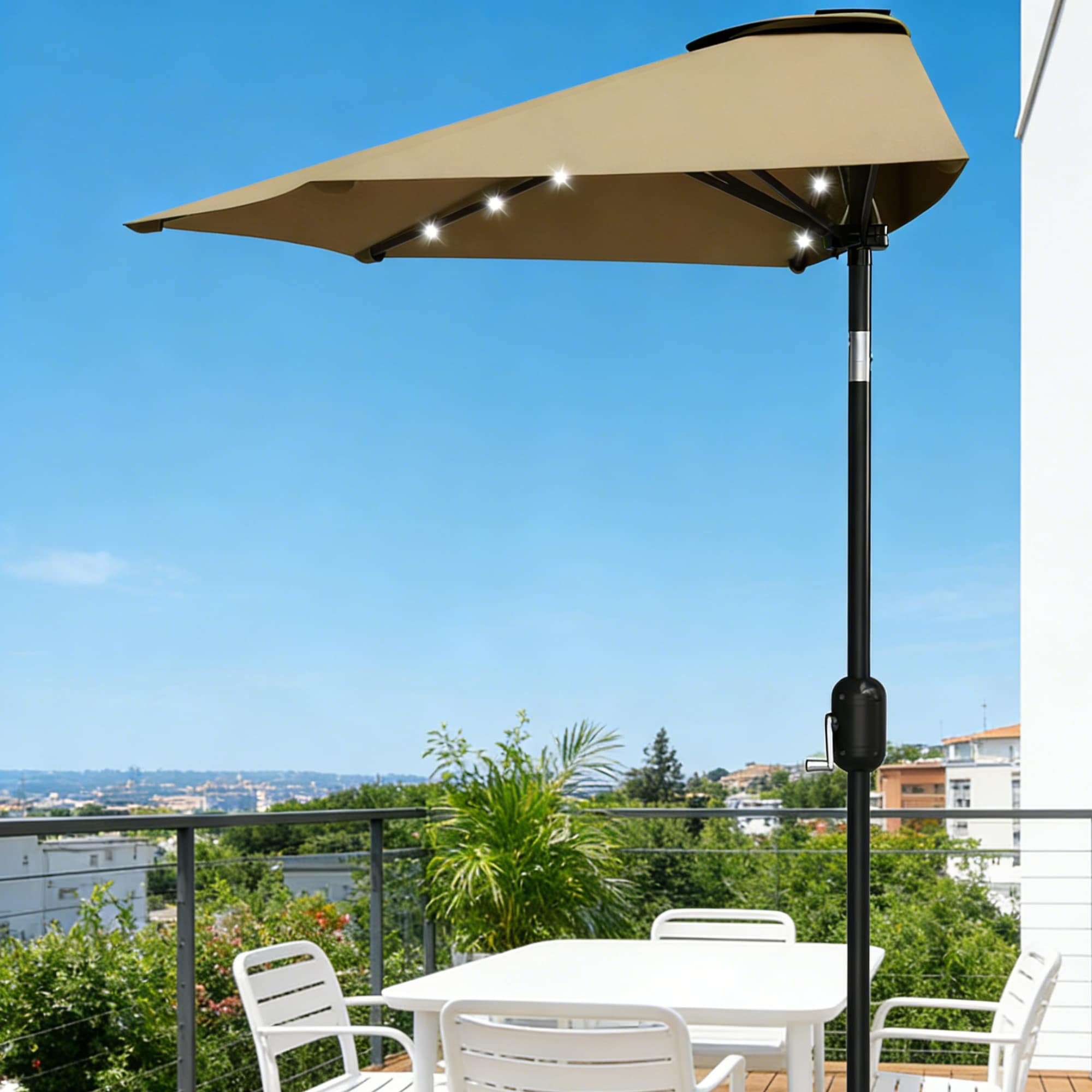 Aoile  9ft Half Umbrella with Solar LED Lights and Crank Lift - Tan