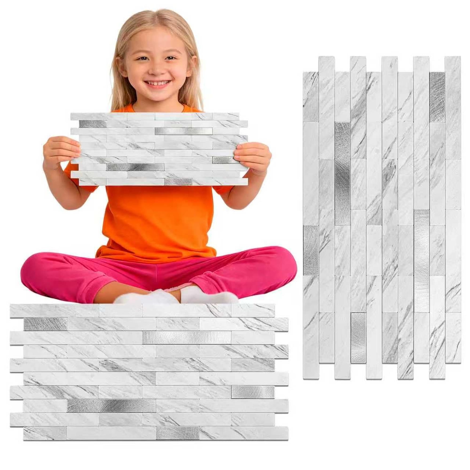 Angel Sar 20 Pcs White Marble Metal Silver Peel and Stick Backsplash Tiles 3D Faux Stone PVC Waterproof Removable for Accent Walls