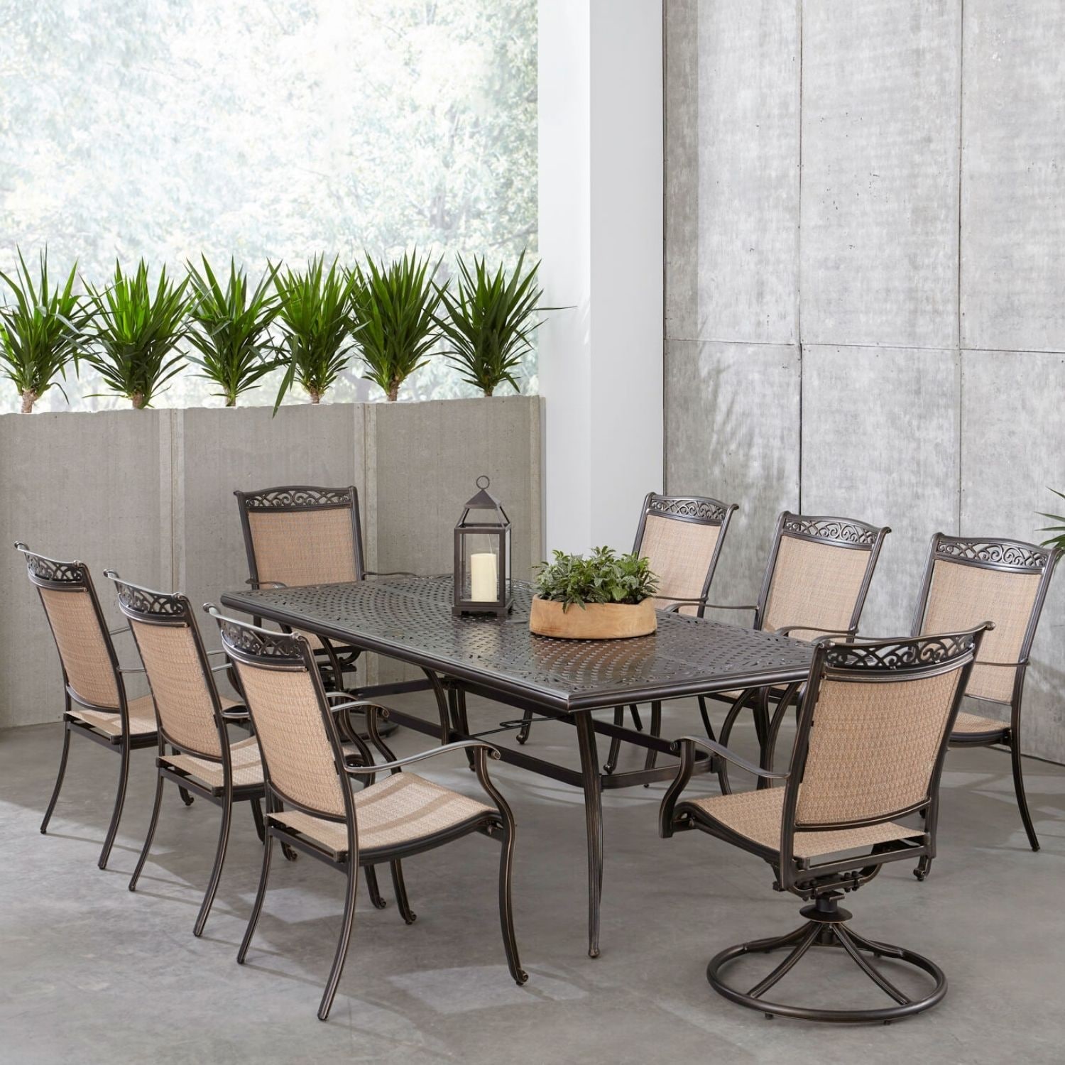 Hanover FNTDN9PCSW2C Fontana 9 -Piece Bronze Patio Dining Set Aluminum Rectangle Table with 8 Tan Stationary and Motion Chairs