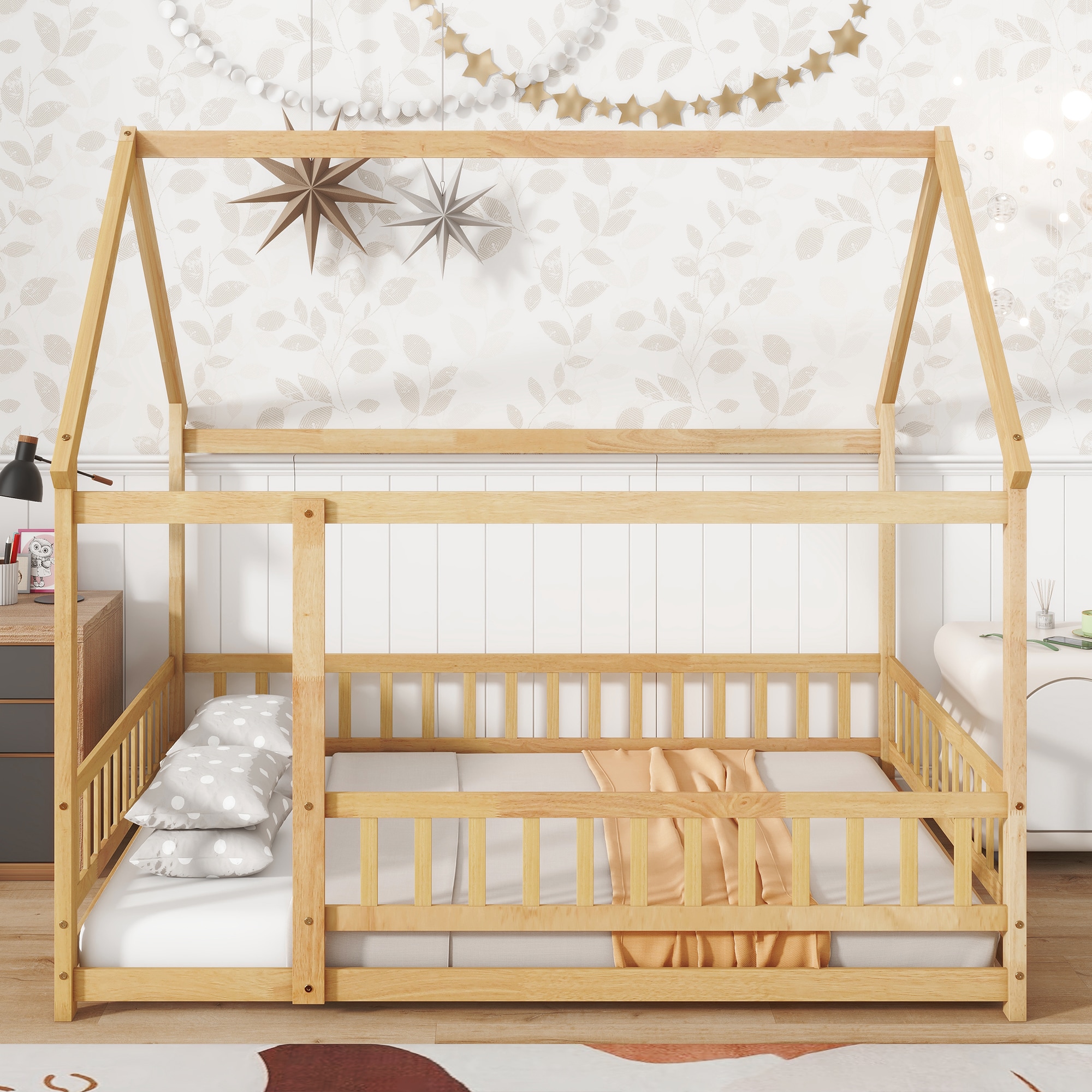 LOVMOR SF-R-W504P286409 Full Size House Floor Wooden Bed with Roof Frame Safety GuardrailsNatural