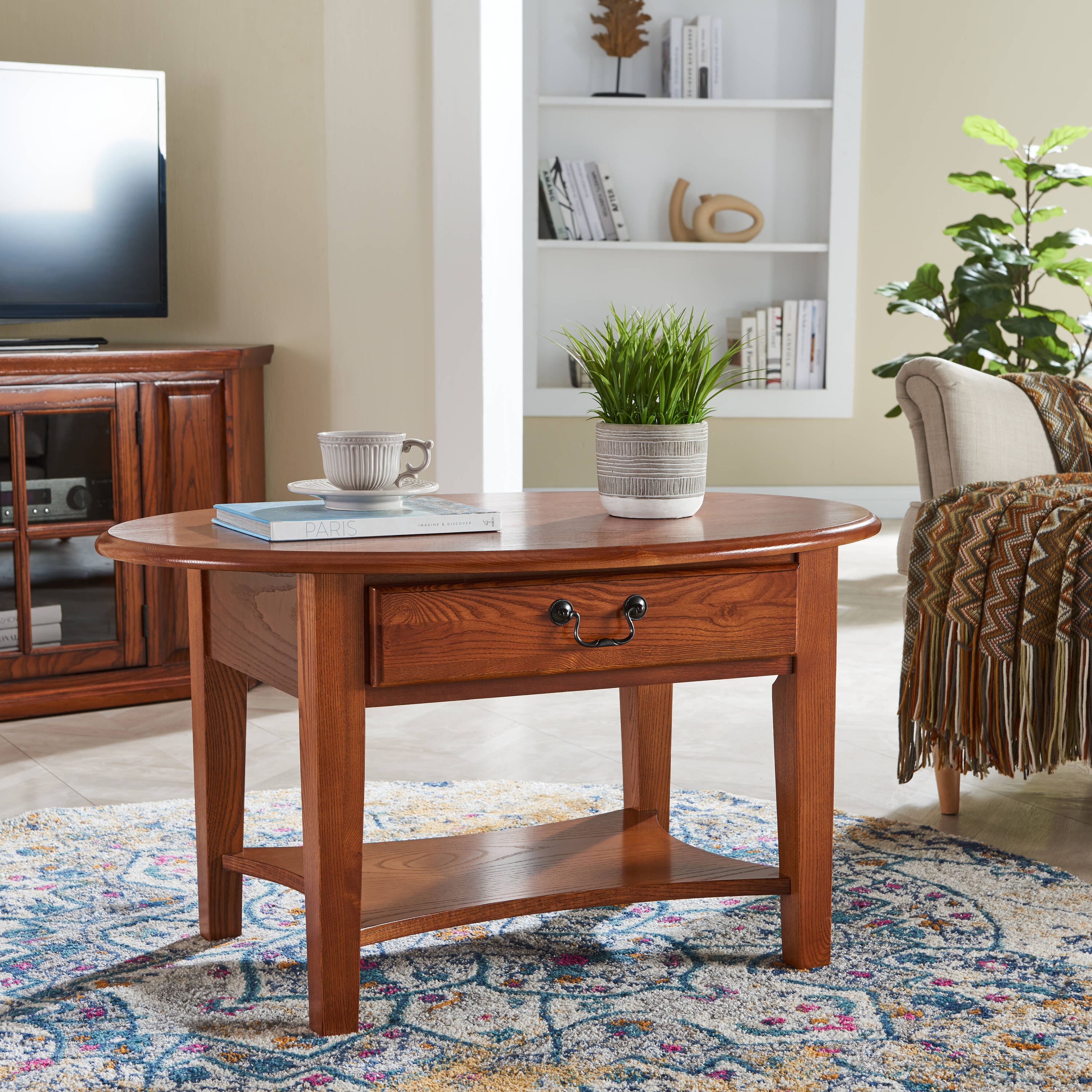 Medium Oak Oval Wood Coffee Table with Storage Drawer