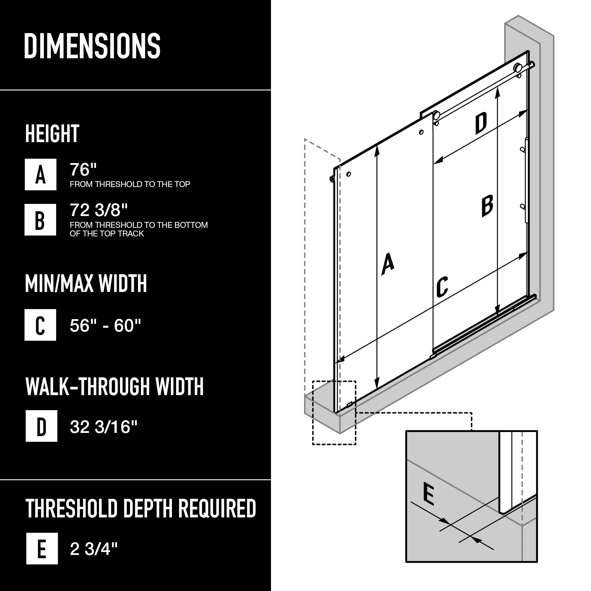 Elan E-Class 56-60" Matte Black Frameless Sliding Shower Door with Fluted Glass