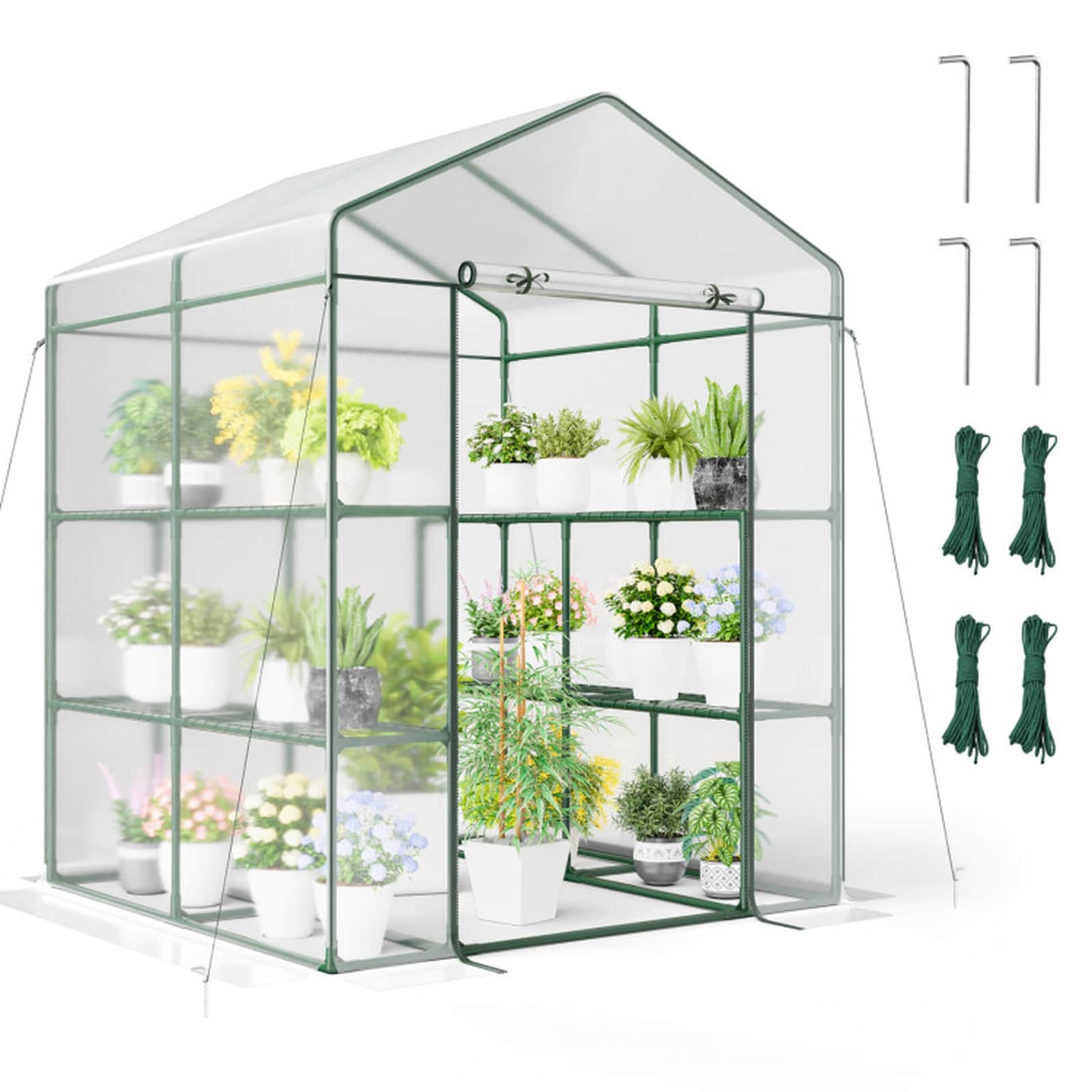 SUGIFT 56-in Walk-in Greenhouse with 3 Tiers 8 Mesh Shelves Clear PVC Cover Roll-up Zippered Door 2 Observation Windows Rust-Resistant PE-Coated Metal Frame 4 Wind Ropes and 4 Metal Stakes for Backyard Garden Patio Balcony Plant Growing in Clear
