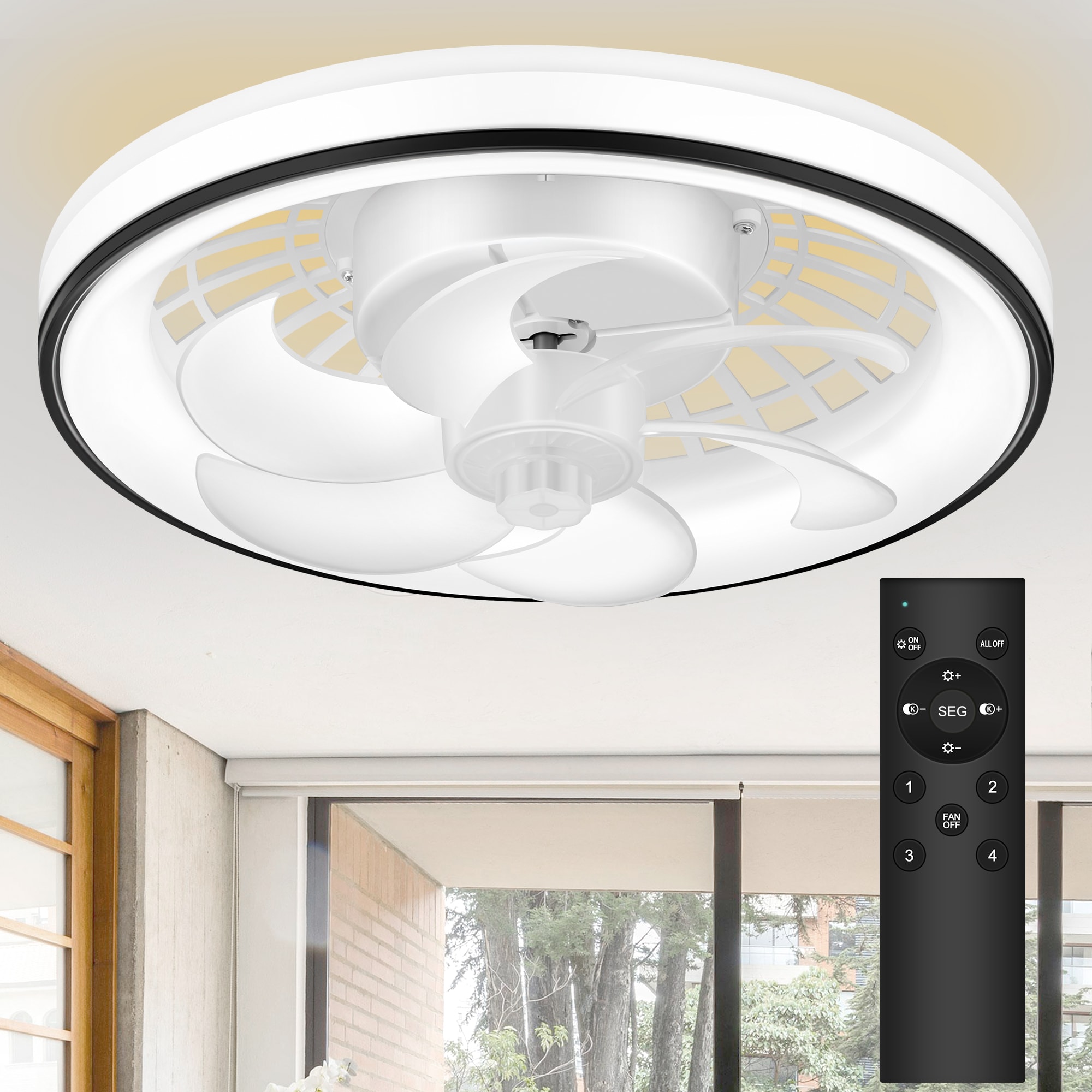 Breezary 35022-WG Socket Low Profile 13-in Color-Changing Integrated LED Flush Mount White Black with Transparent Blades Ceiling Fan With Light - Remote Included ( 7 -Blade )