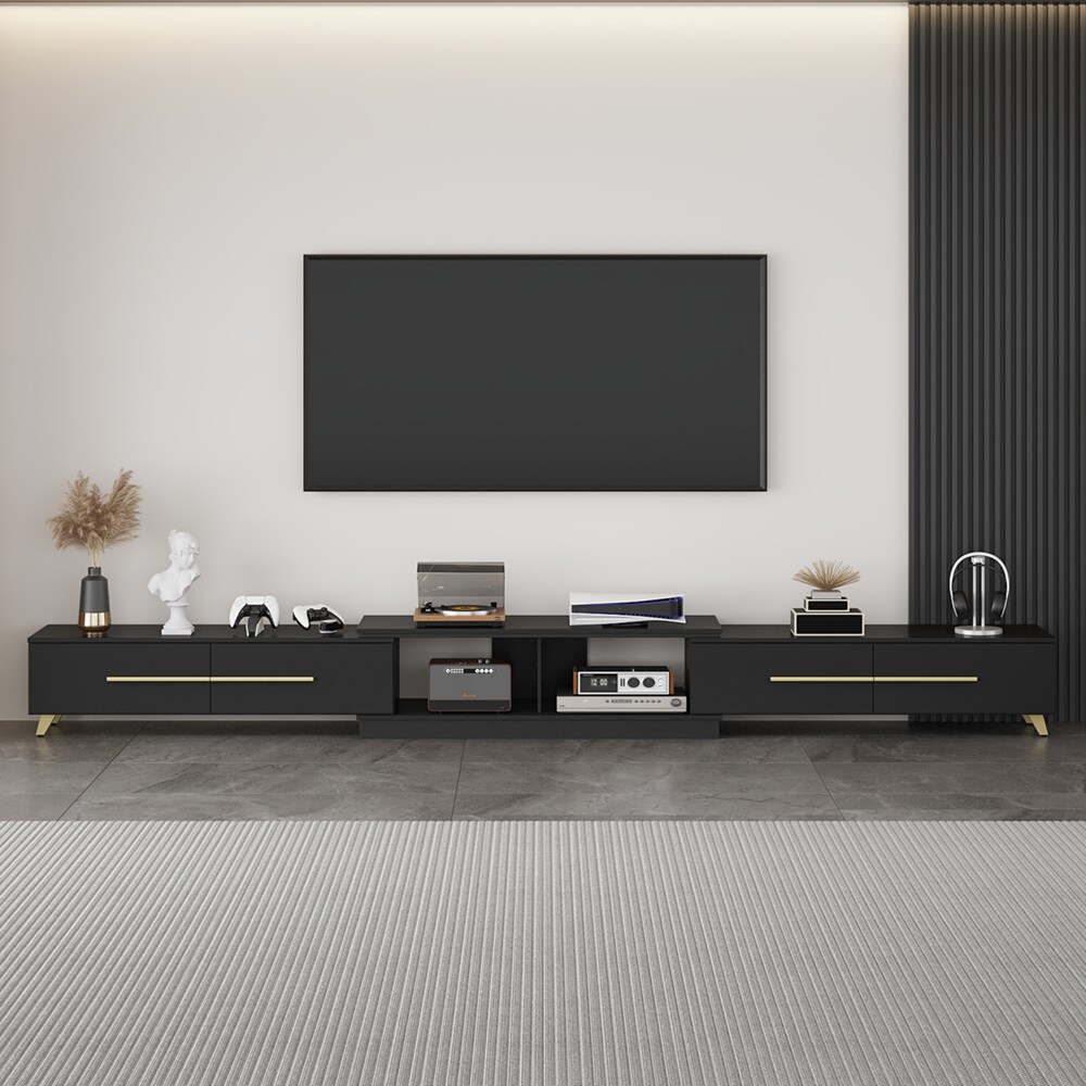 Homsee V-KF260070-02 Contemporary Black Extendable TV Console with Gold Metal Legs and Linen Textured Finish (95-133.9 in W x 15.7 in D x 13.1 inch H) Black