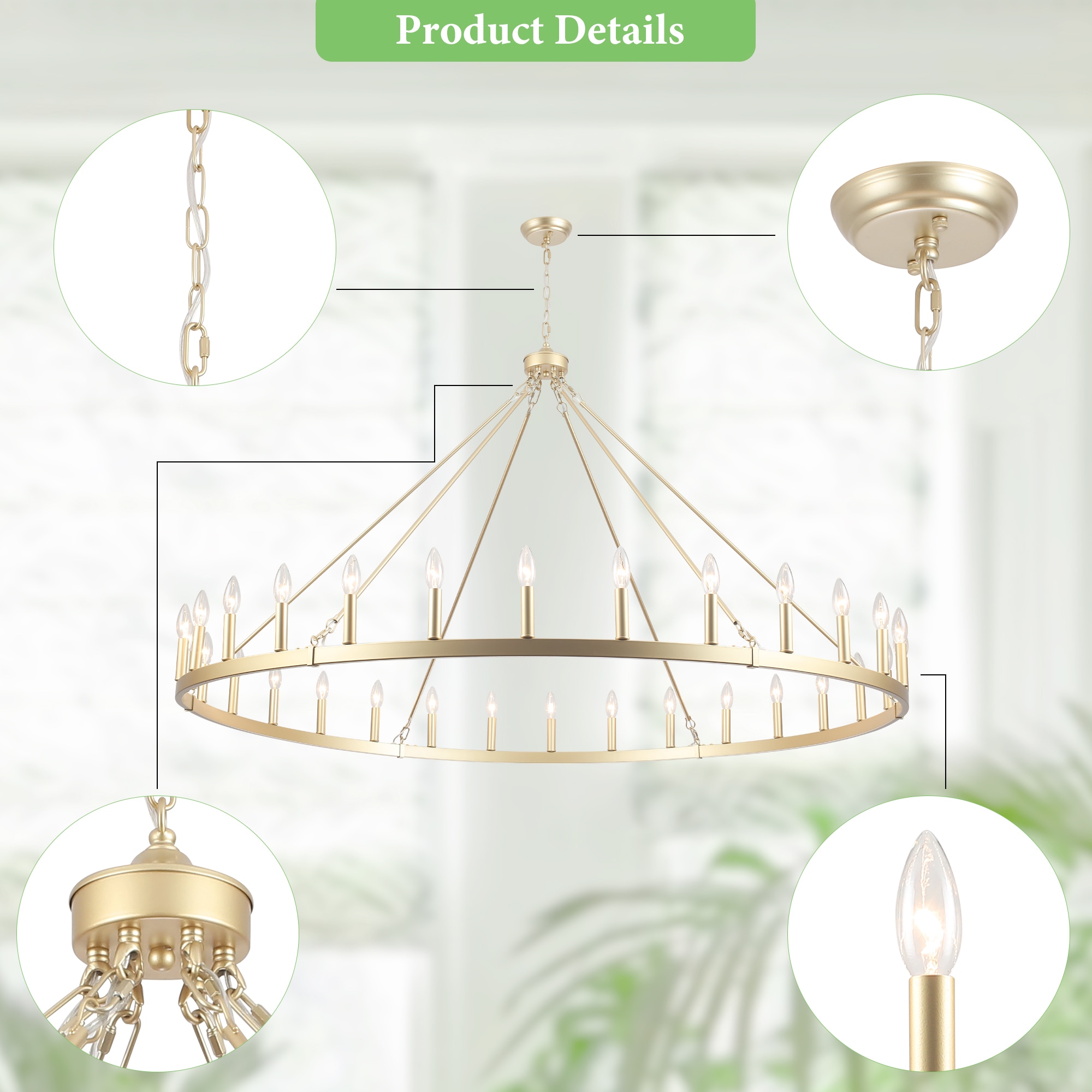 Zjvaive 60-inch Large 30-Light Gold Farmhouse Dimmable Wagon Wheel ...