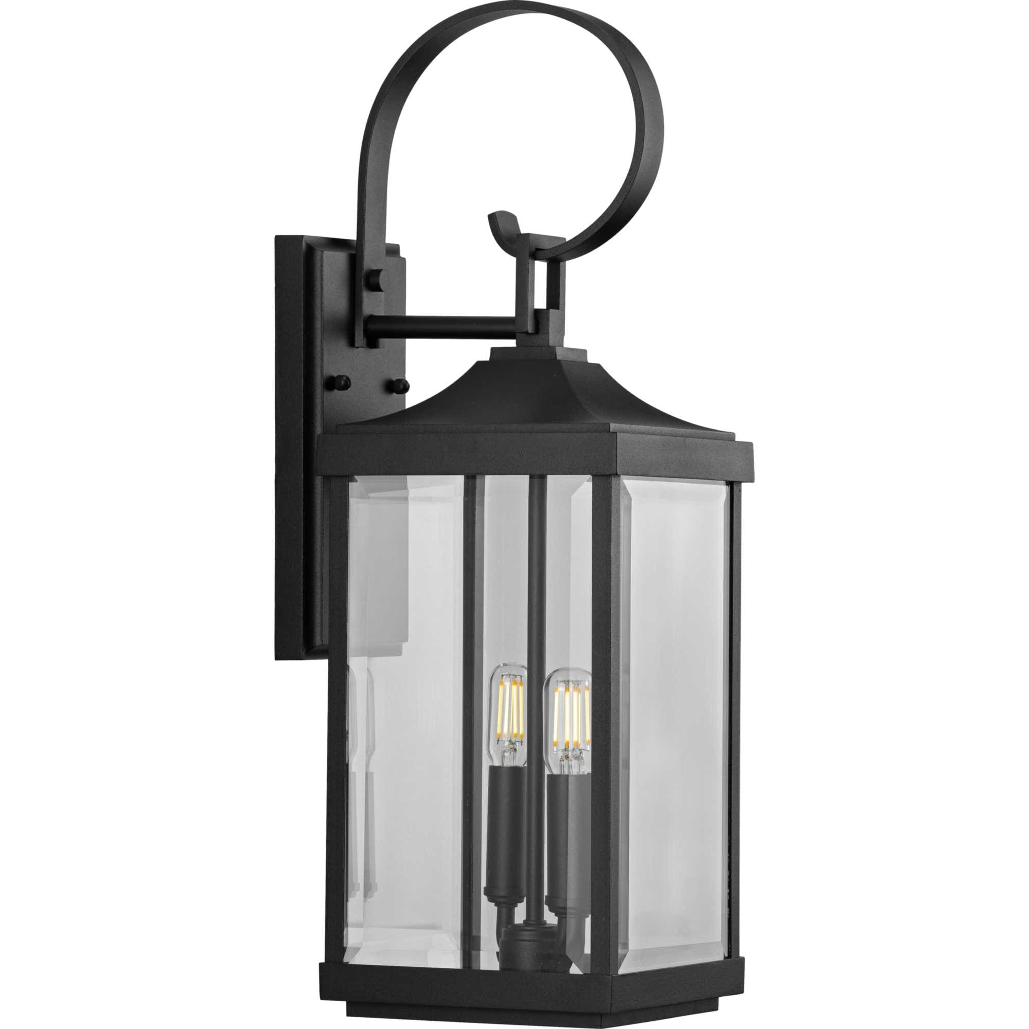 Large Traditional Style Black Outdoor Security IP44 Rated Upward Facing Wall Lantern Light with Beveled Glass Panels LED Compatible