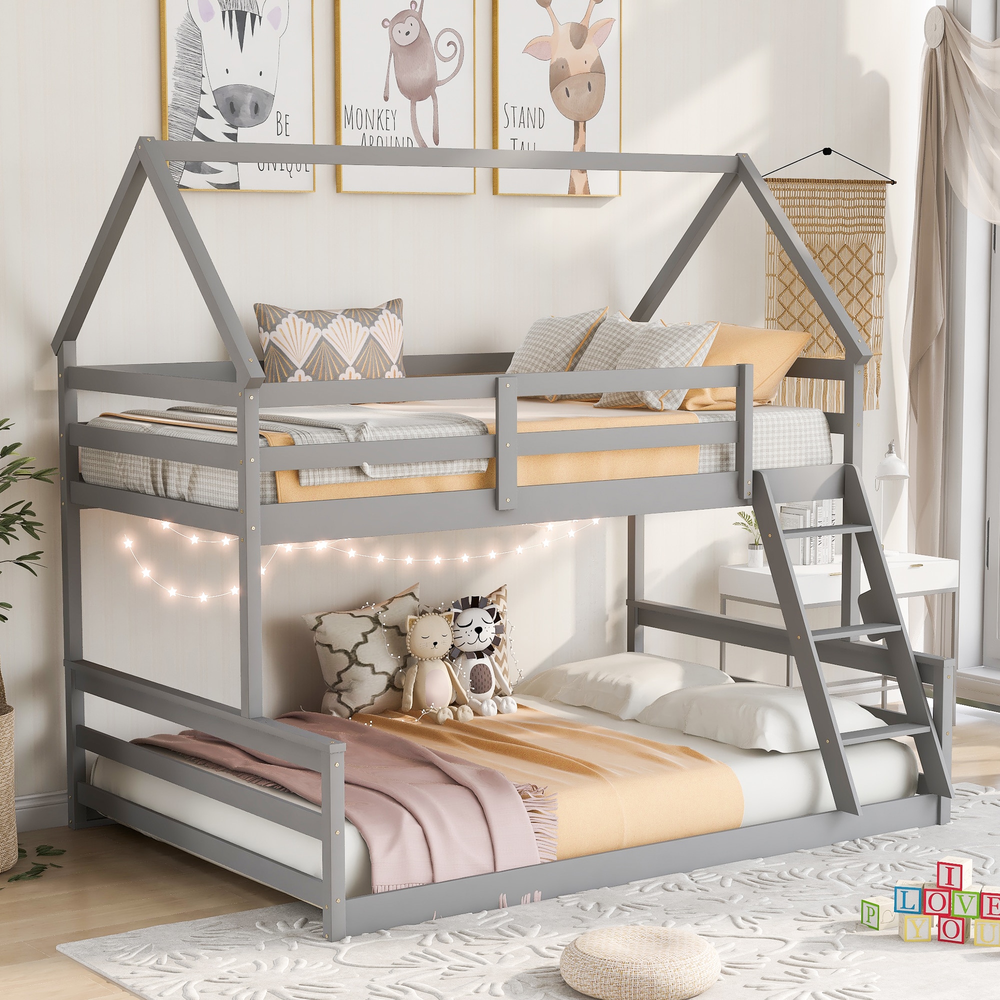 Qualler  Gray Twin over Full House Bunk Bed with Built-in Ladder