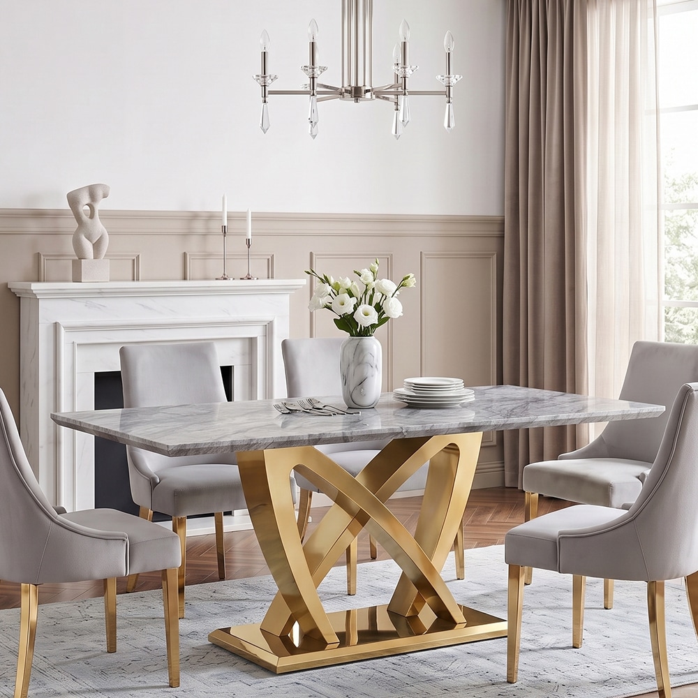 Coolbibila 70 Inch Rectangular Gray Faux Marble Dining Table with Gold Steel Base for Dining Room or Kitchen
