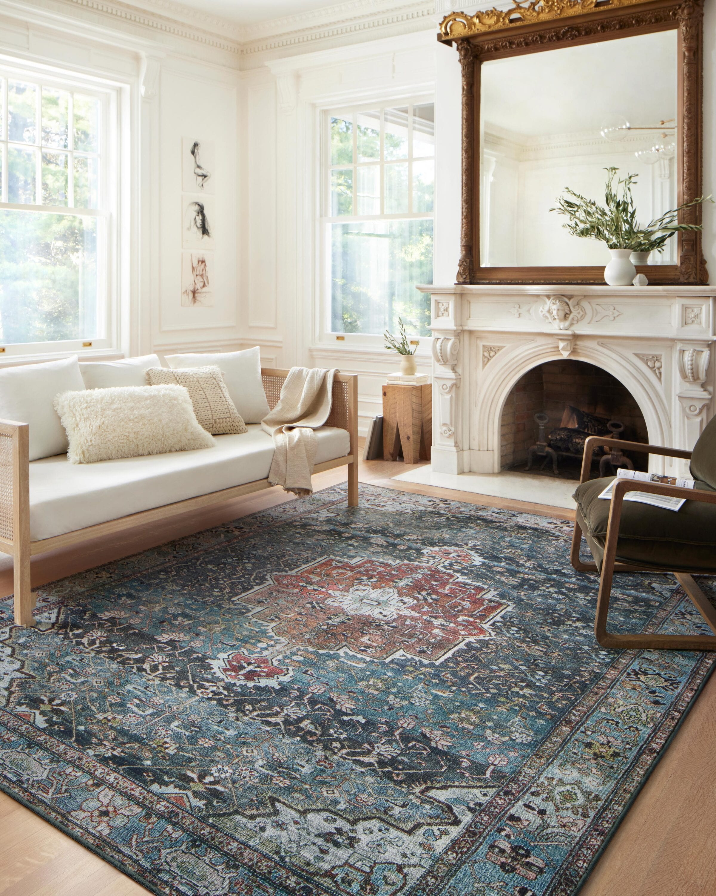 Loloi II MARGMAT-05OCBK7696 Margot 8 x 10 (ft) Loomed Polyester OCEAN / BRICK Rectangular Indoor Distressed/Overdyed Persian Area rug