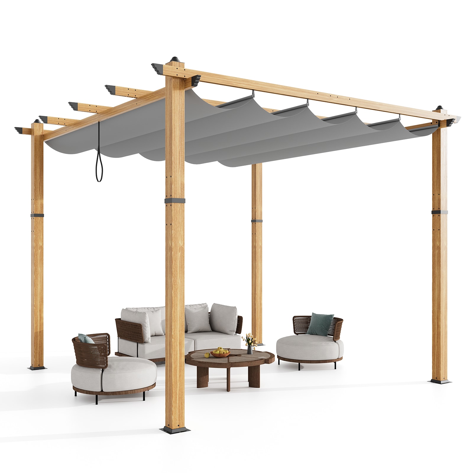IdealHouse 10x10 FT Imitation Wood Grain Grey Curtain Fabric - Weather Resistant Outdoor Shelter with Faux Wood Grain Aluminum Retractable Pergola Adjustable Sun Shade Canopy for Patio