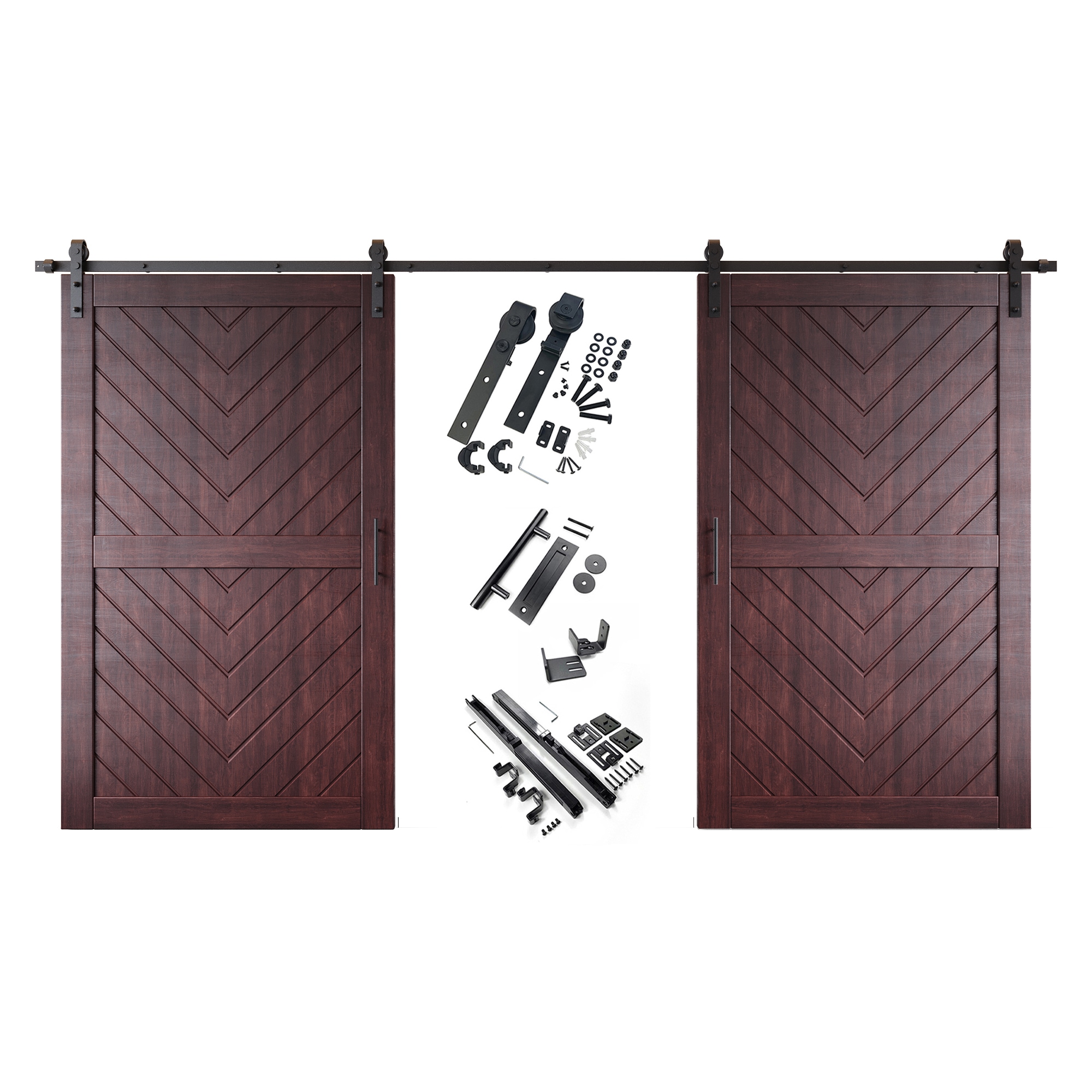 HOMACER YT2H216C-JT3-4880-RD 48-in x 80-in Red Mahogany Herringbone Pine Wood Solid core Double Barn Door (Hardware Included)