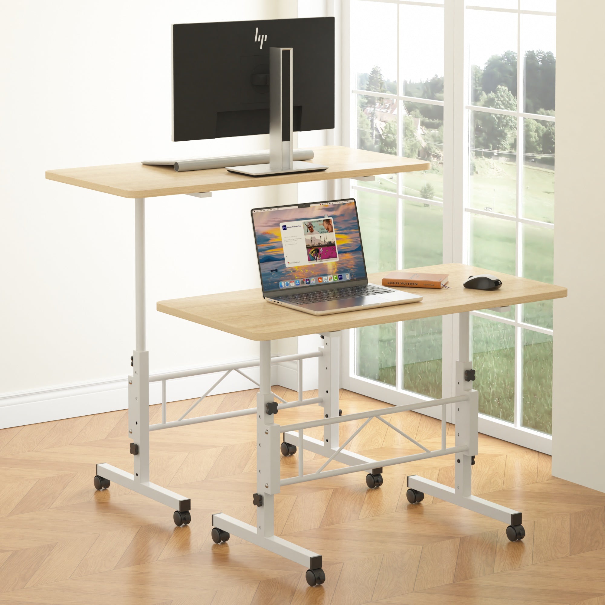 Vecelo LOE-MX-ECD03-NTW Small Standing Desk Adjustable Height Mobile Stand Up Desks With Wheels Portable Rolling Laptop Desks C Side Table with Wheels