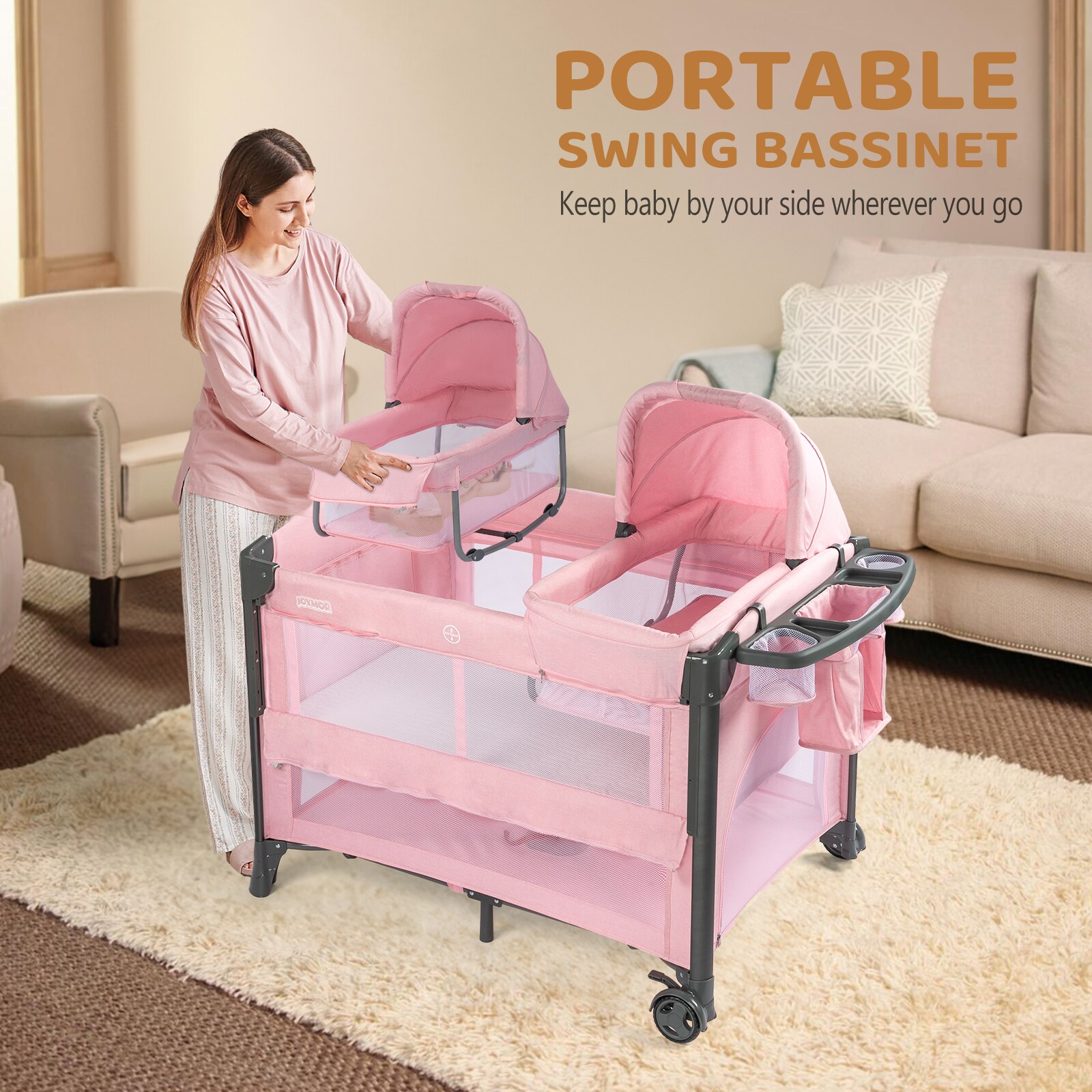 JOYMOR Twin Bassinet for Baby Bedside Sleeper and Playpen with