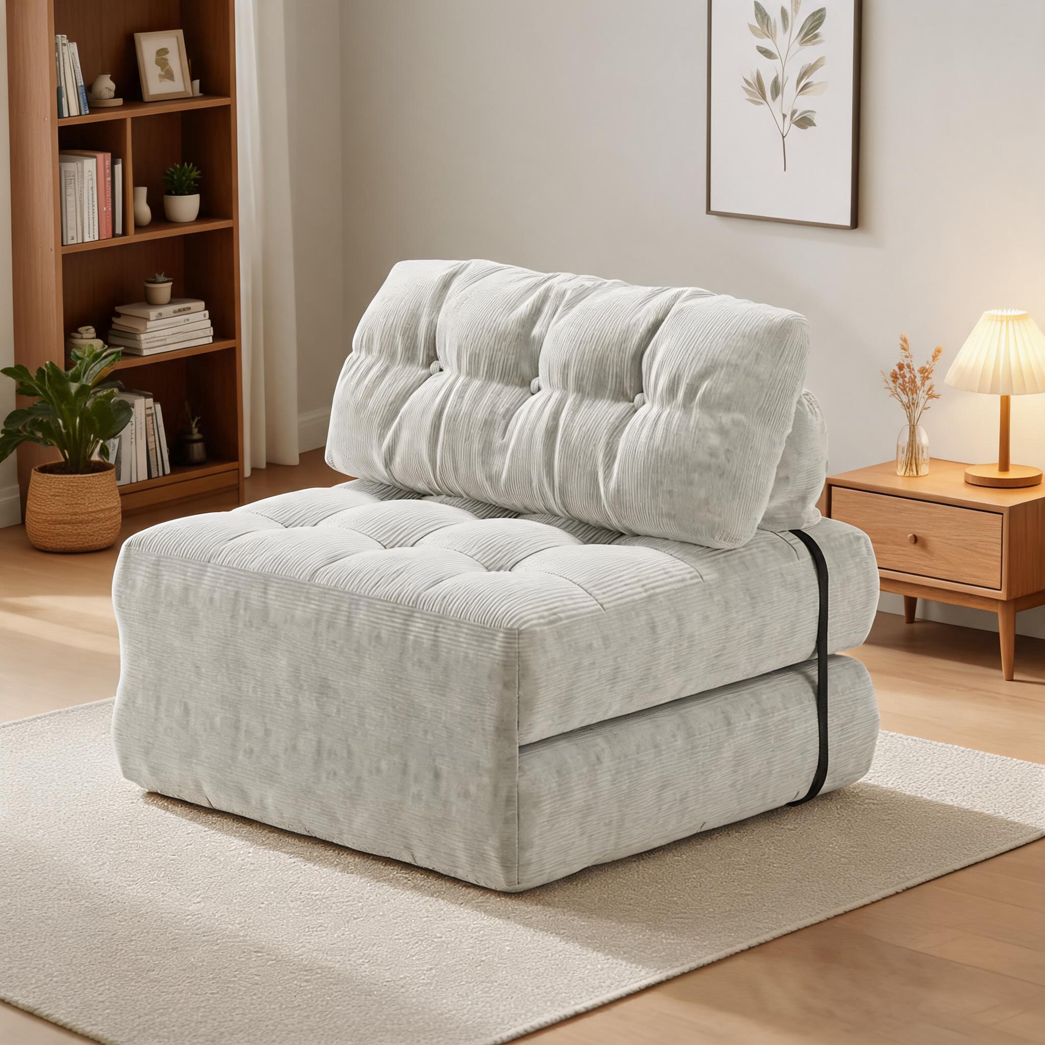 IdealHouse Convertible Corduroy Folding Sofa Bed with Pillow Portable Floor Couch Single Futon Collapsible Sleeper Chair Back Support Space Saving for Living Room Guest Room Beige