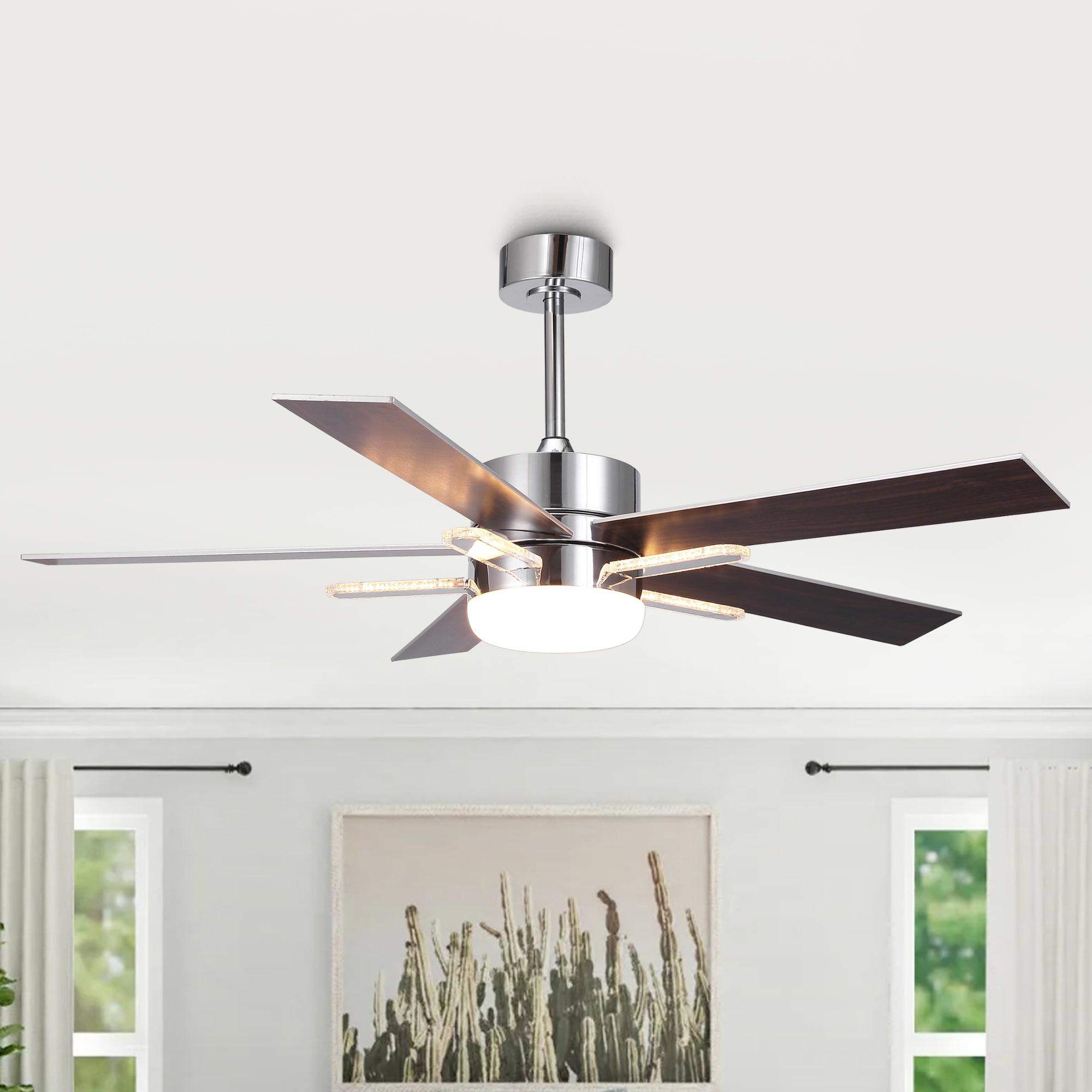 Parrot Uncle F6013 52-in Color-Changing Integrated LED Chrome with Silver/Walnut Blades Ceiling Fan With Light - Remote Included ( 5 -Blade )