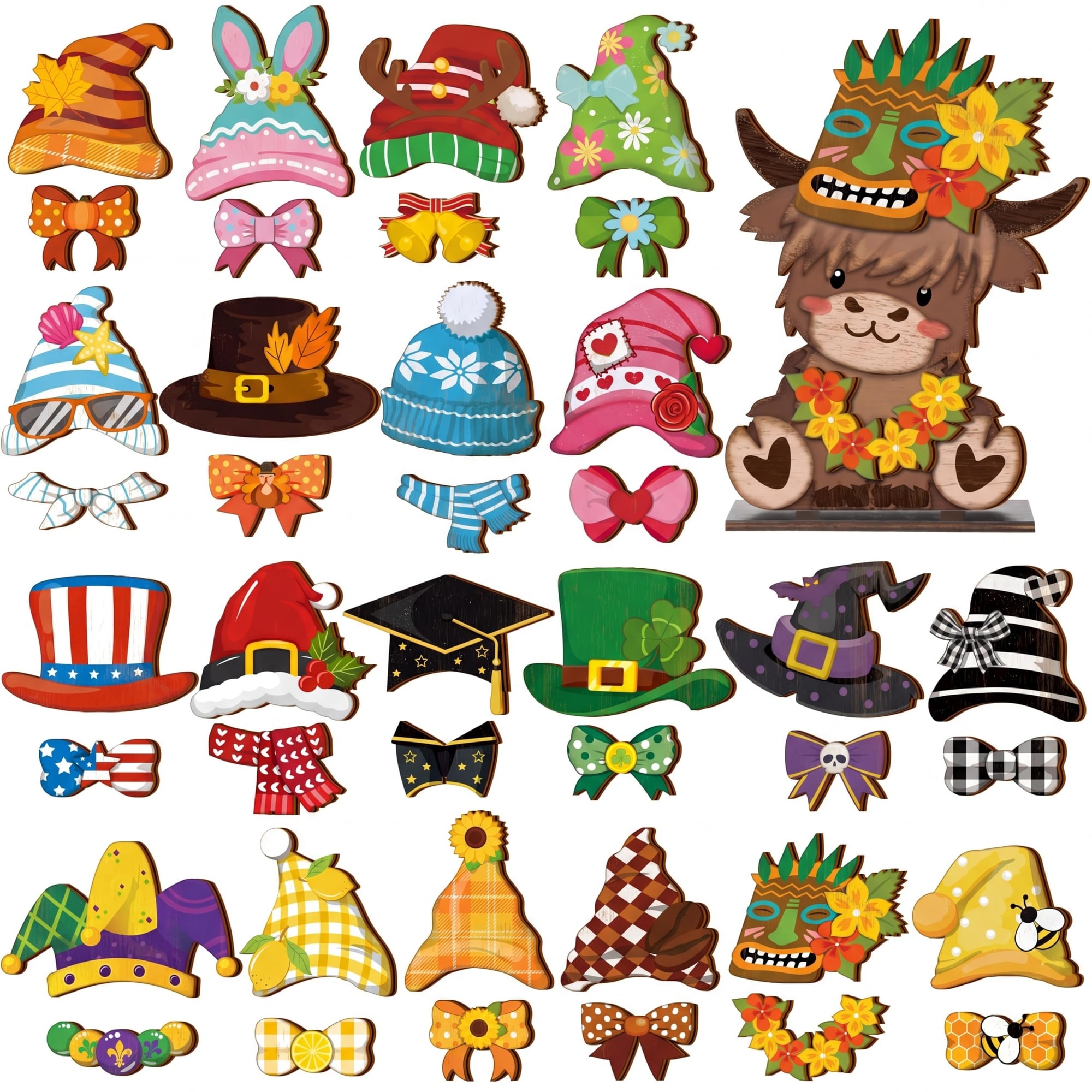 AOIZGMY 42 pcs Interchangeable Highland Cow Decor Set with Holiday Hats ...