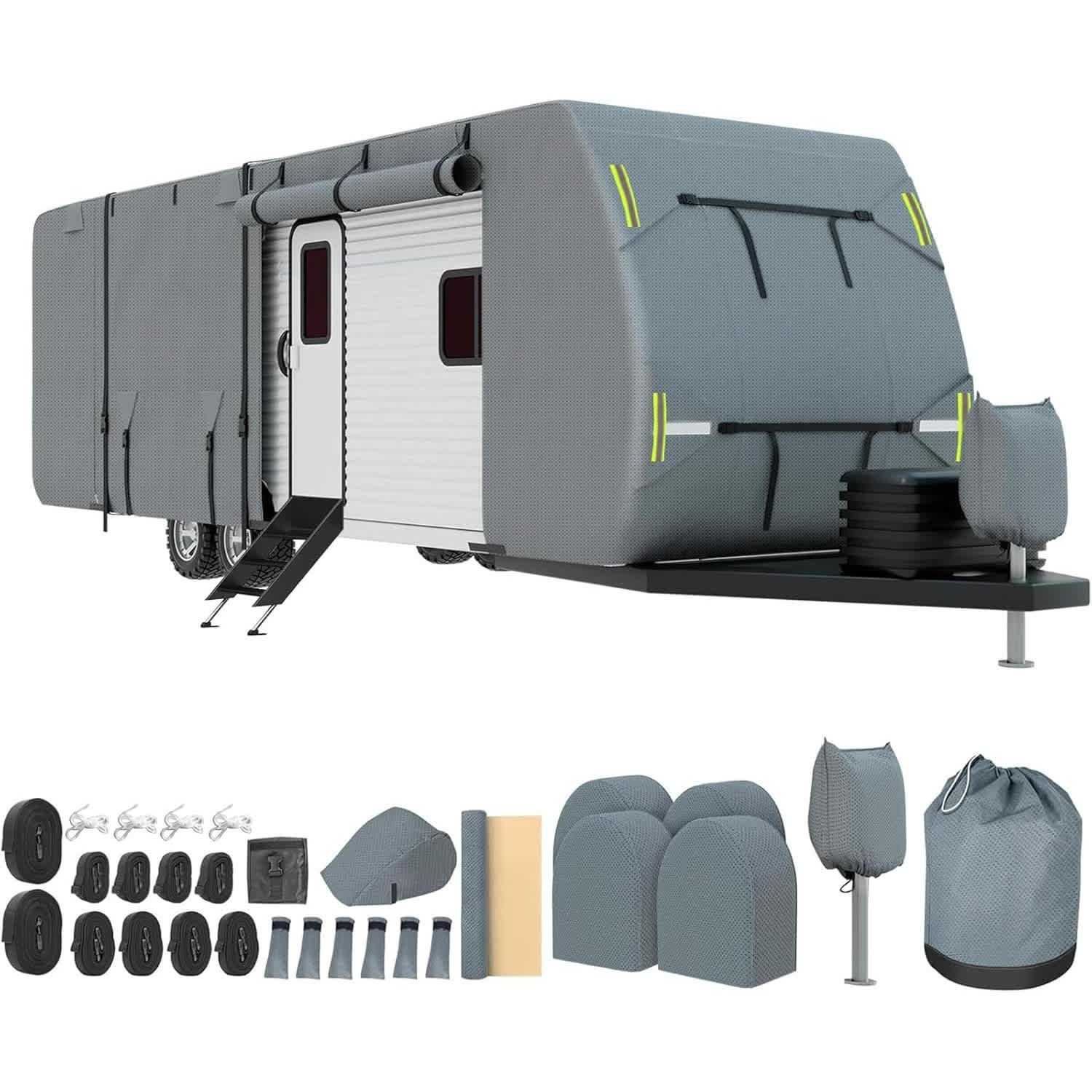 Qeetex GGL-PAU-3MKX8PRR RV Cover 24-27 FT Heavy Duty Travel Trailer Camper Cover with 7 Layers Top Waterproof Utility Trailer Covers with Tongue Jack Covers Gutter Caps Windproof Straps for Motorhome