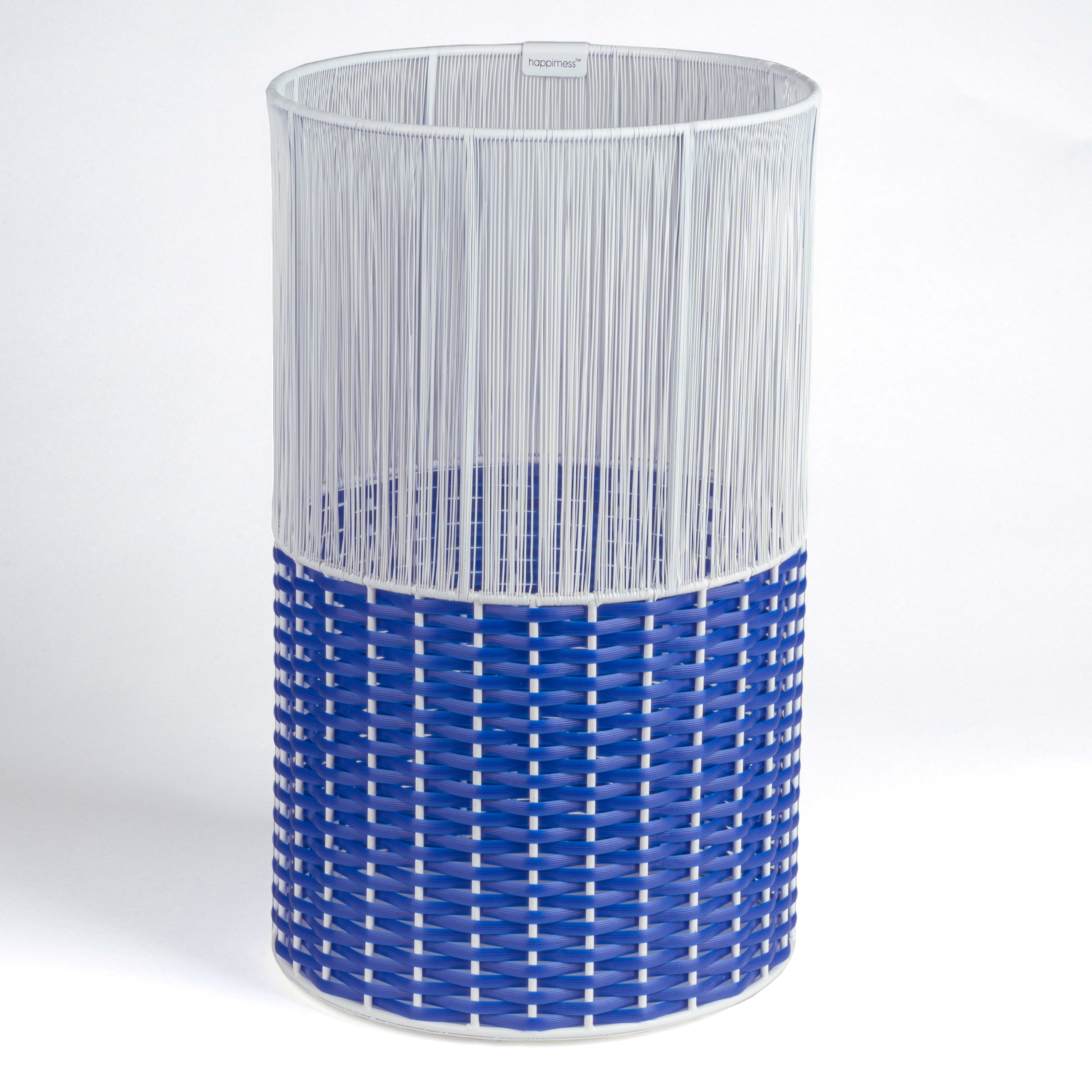 happimess HPM1101A Harper 2-Tone Faux Wicker Cylinder Outdoor White/Blue Metal Wastebasket