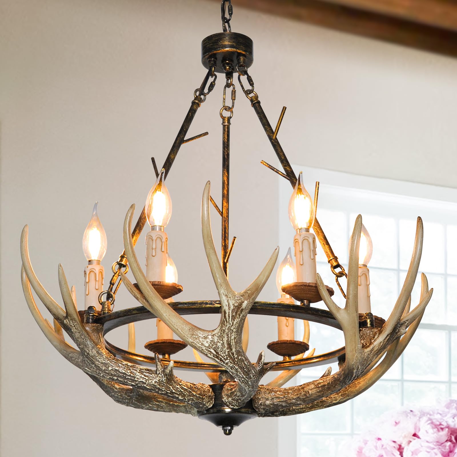 IUEST  Rustic Antler Chandelier Six Lights for Dining Room Deer Farmhouse Lighting with Resin Antlers and Wagon Wheel Frame Vintage Style Light