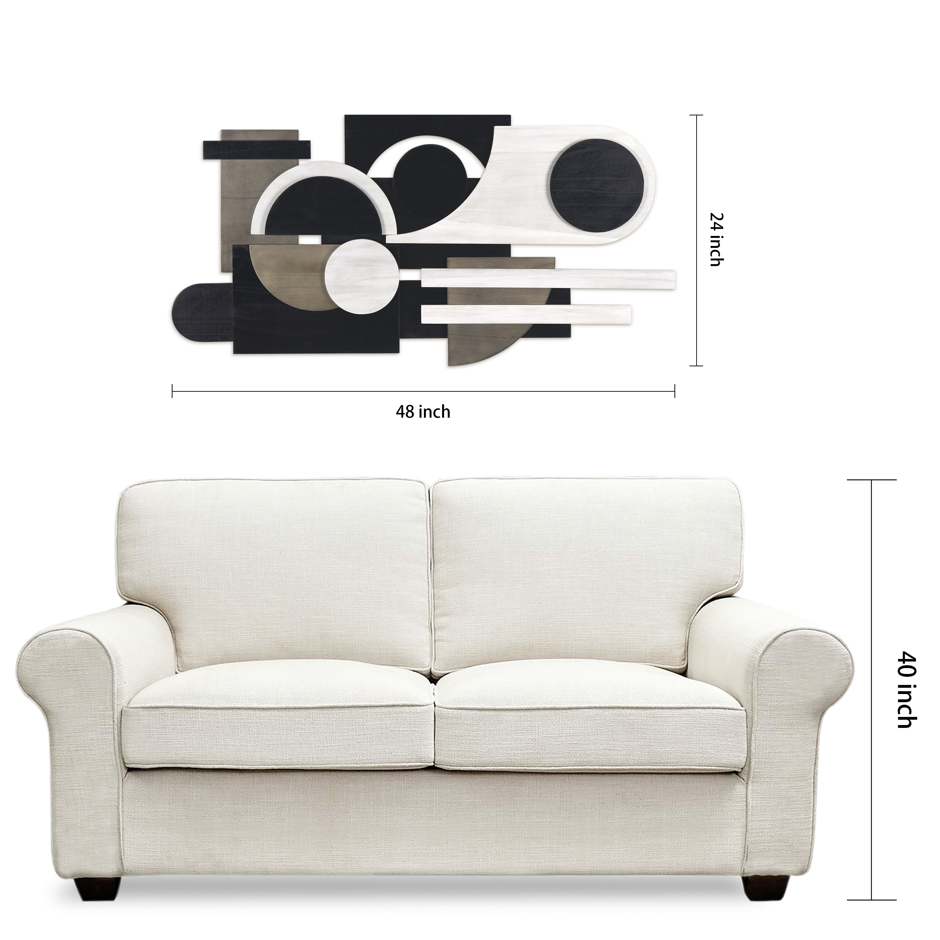 Luminous Whisper 48" x 24" Black and White Paulownia Wood Abstract Wall Art