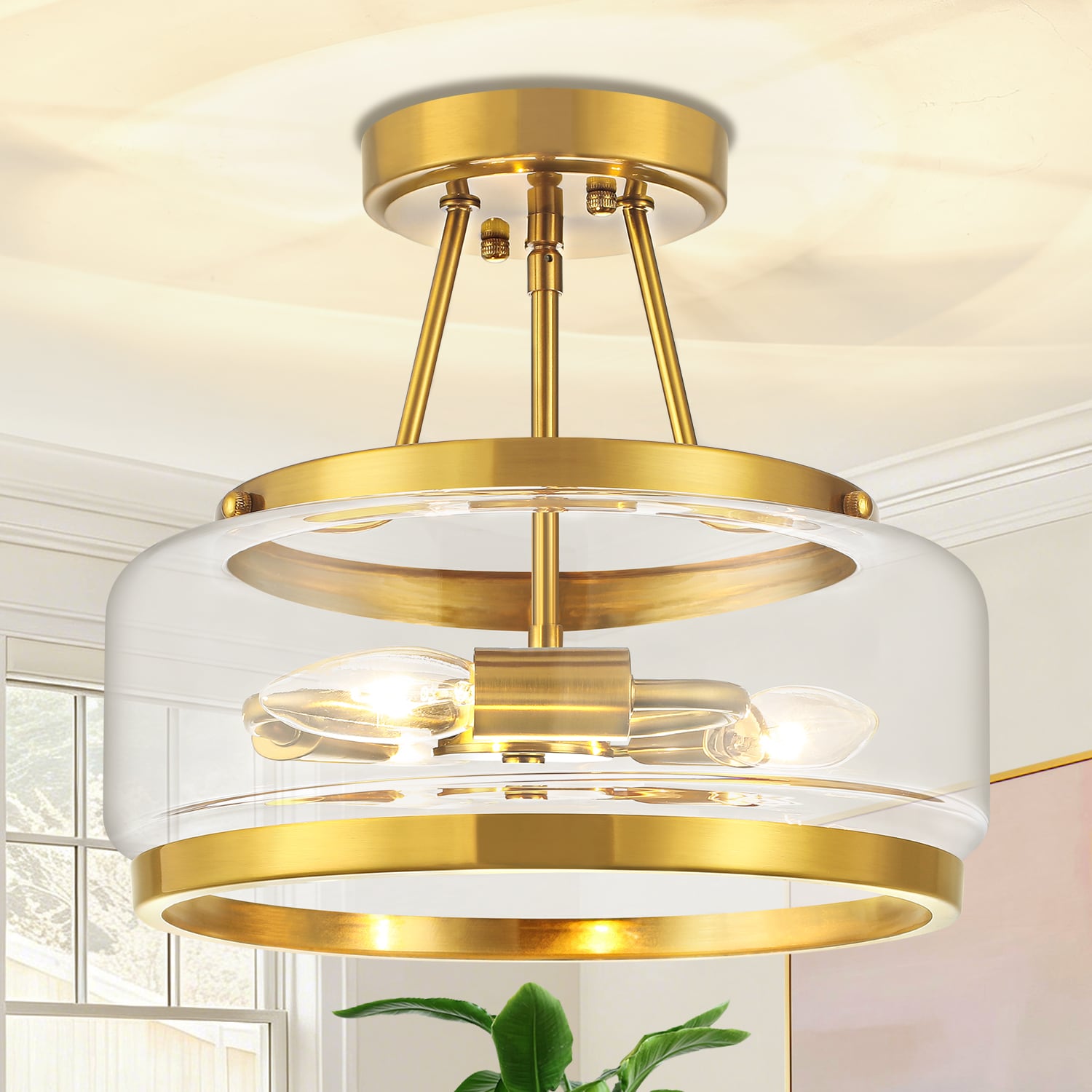 ZSMIHDOH 11.81-in Matte Gold Indoor 3 -Light Semi-flush Mount Light with Clear Glass