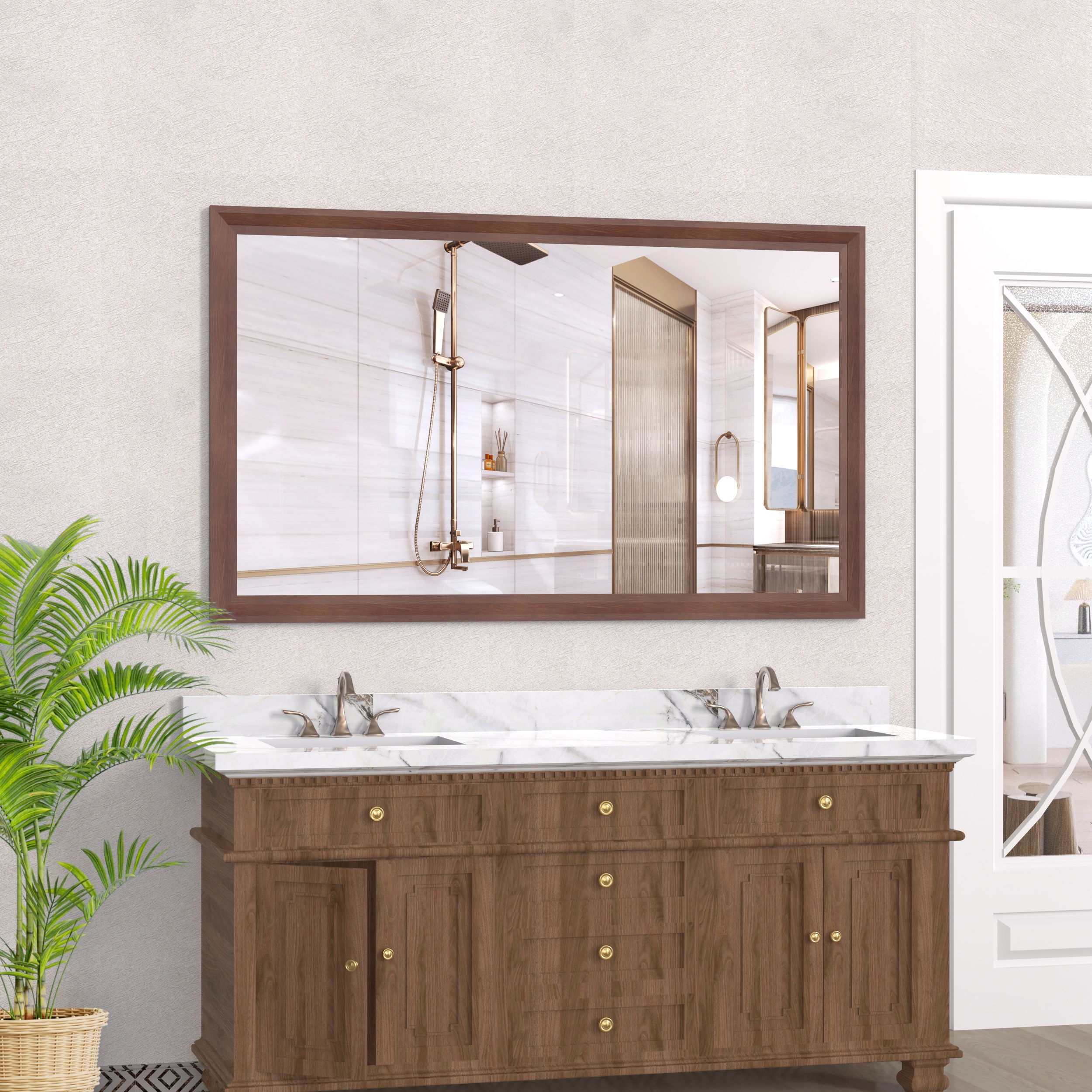 Poinic - 60-in W x 36-in H Rectangle Brown Framed Wall Mirror