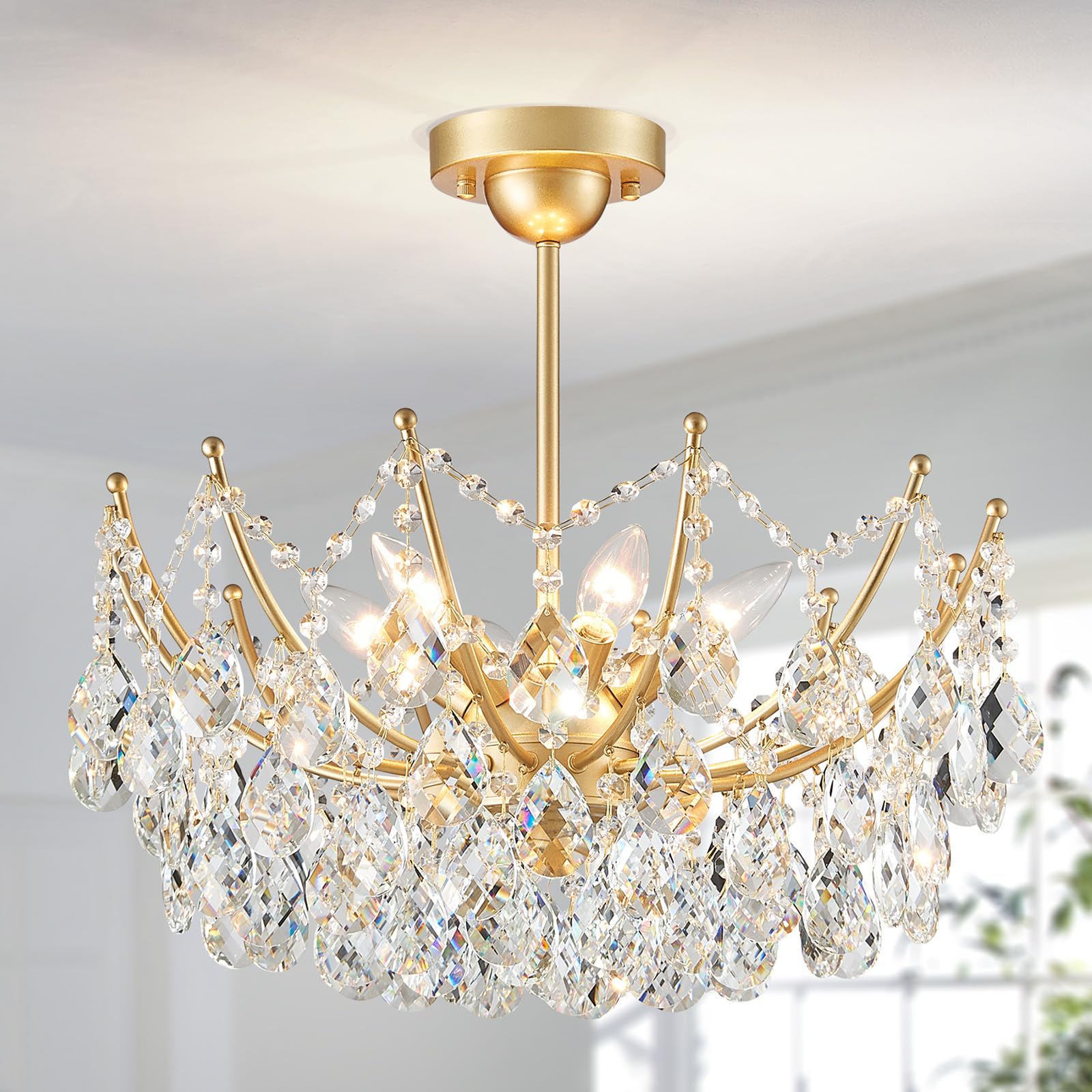 AOIZGMY  Crystal Ceiling Light Fixture Modern Flush Mount Chandelier Six Lights Gold Hallway Light for Bedroom Kitchen Entryway Bathroom Dining