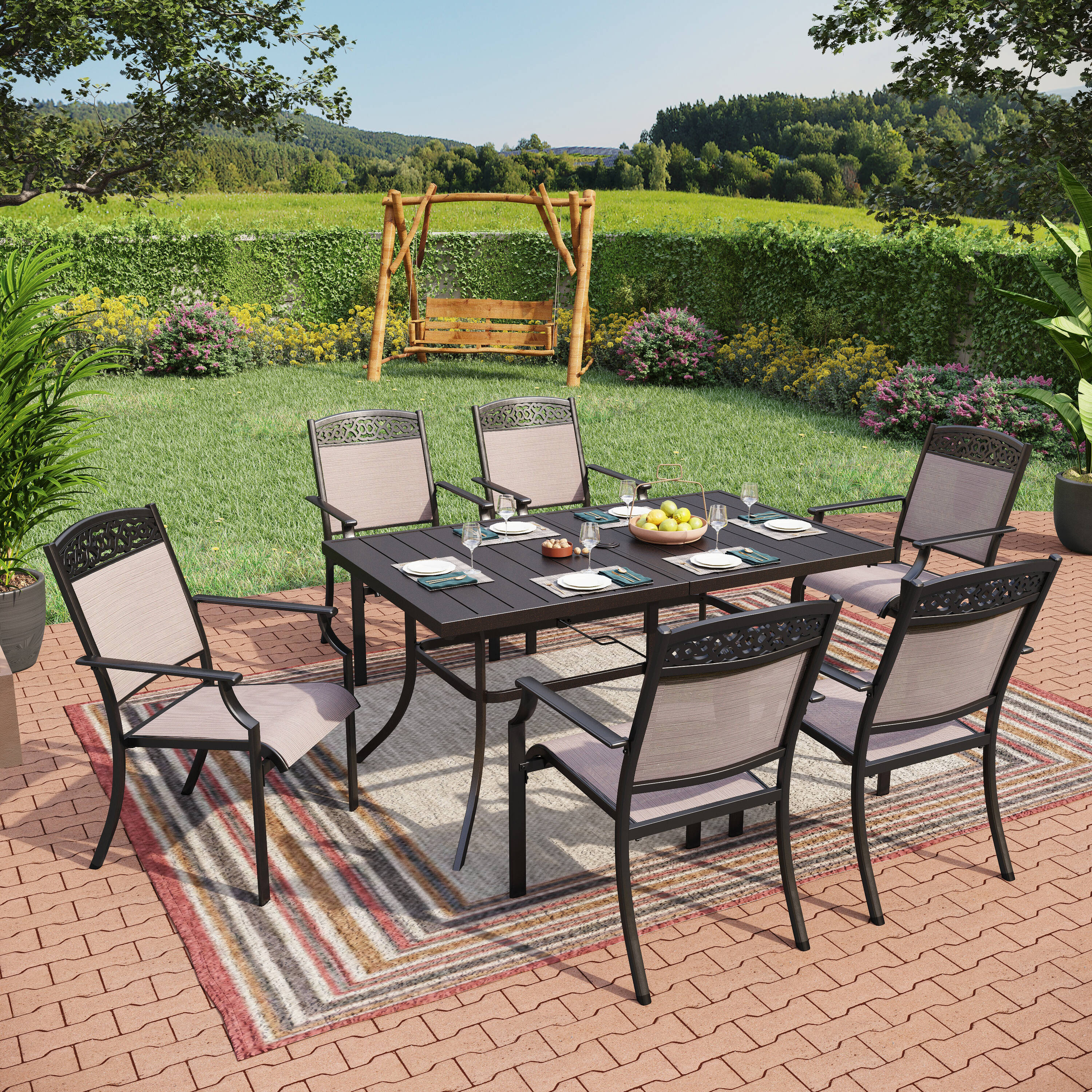 Sunshine Valley TC7-403-326 COCOS 7 -Piece Black Patio Dining Set Steel Rectangle Table with 6 Tan Stackable Stationary Chairs