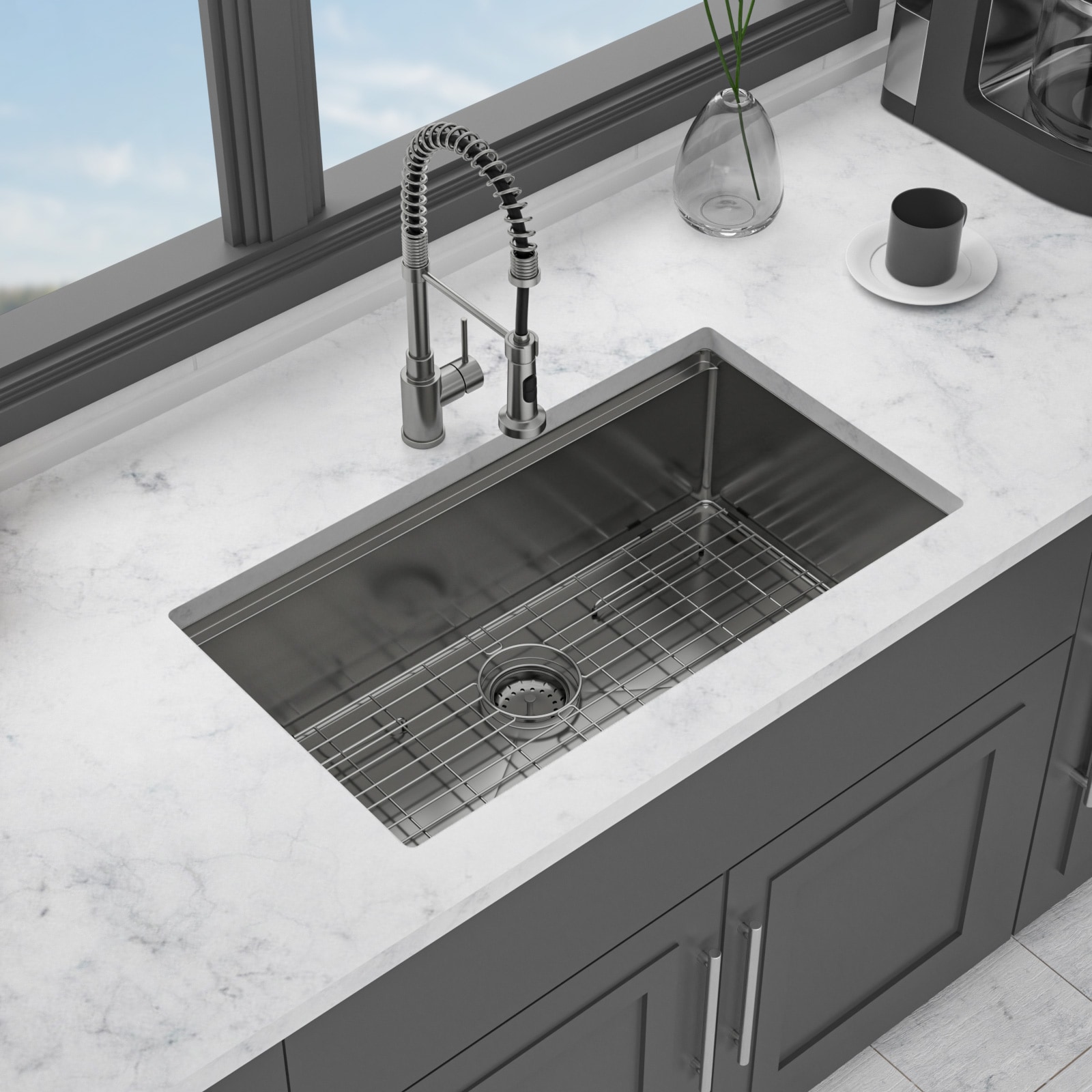FAVSH  33-in x 19-in Undermount Stainless Steel Single Bowl Gunmetal Black Kitchen Sink with Faucet and Drain