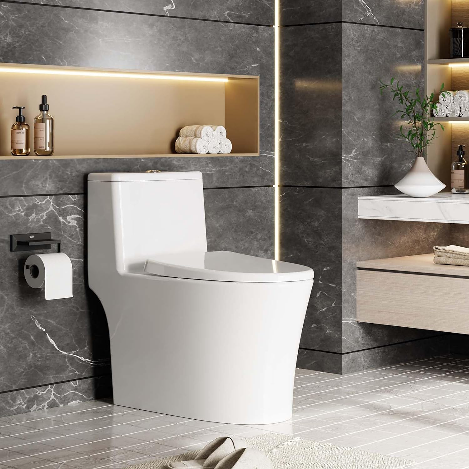 GAOMON - Elongated One Piece Ceramic Toilet V-Shape PP Seat- Top Mount Dual Flush Buttons 3/4.8L ...