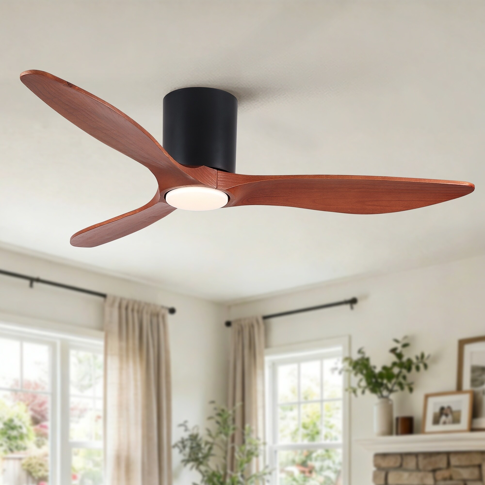 UOI 52 inch Matte Black Solid Wood Low Profile Flush Mount Ceiling Fan ...