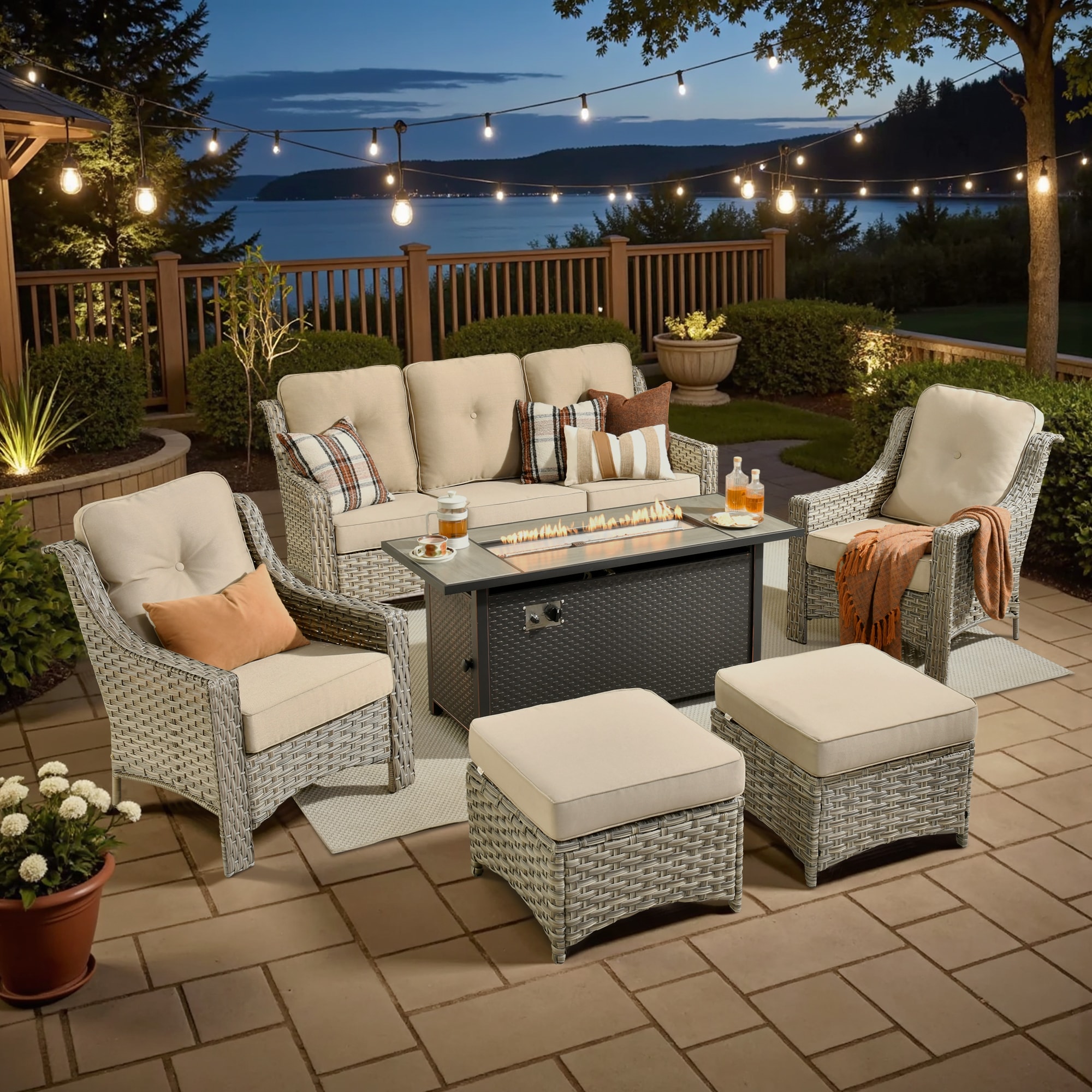 XIZZI XIPAD6054-IFP54 Pyrophyllite 6 -Piece Rattan Patio Sofa Conversation Set with Beige Cushions
