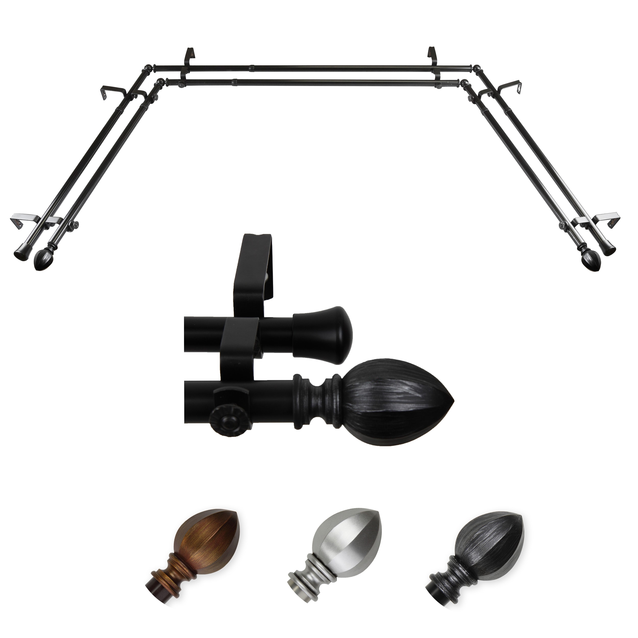 Hart & Harlow L-ABAY-18-2D Milton 13/16-in Double Bay Black Steel Bay window curtain rod with Finials