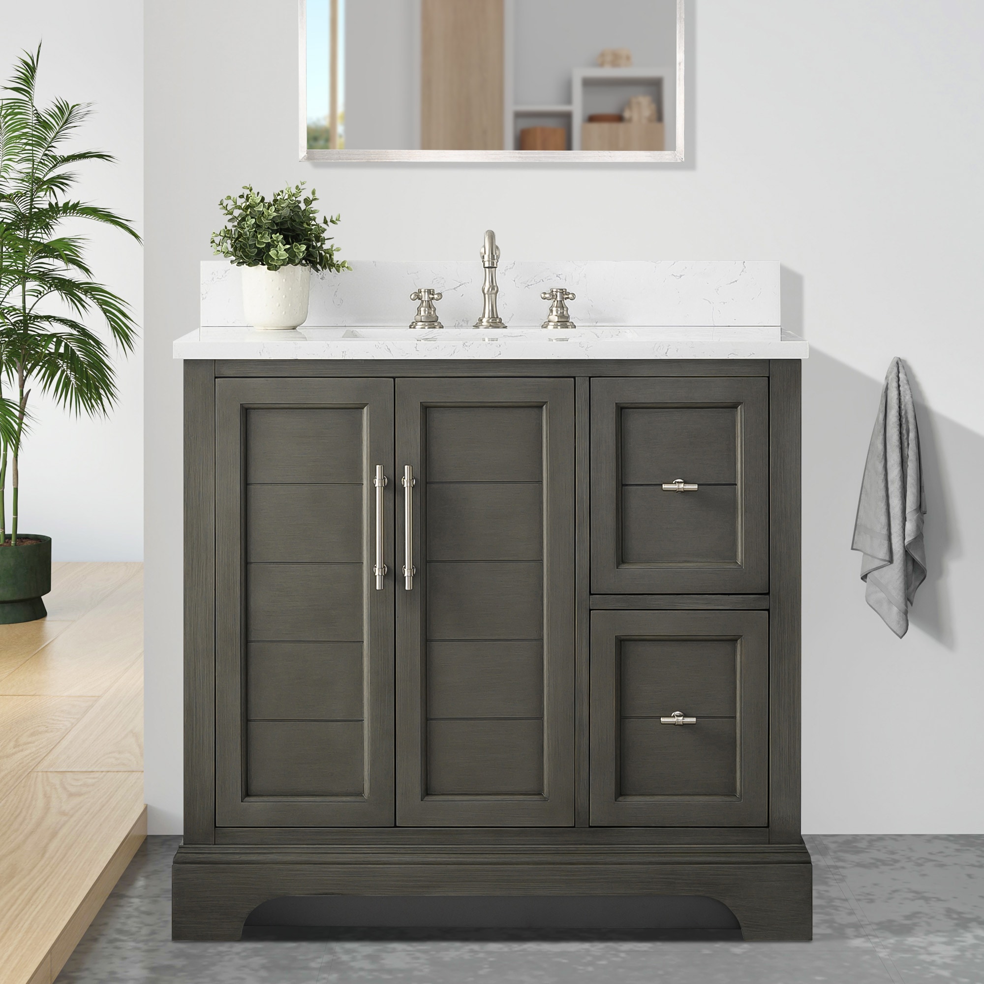 Vanity Art VA5036-SG Chambery 36-in Silver Grey Undermount Single sink Bathroom Vanity with White with Grey Veining Engineered marble Top