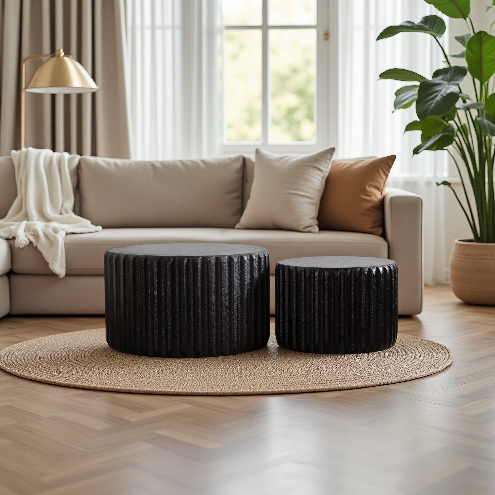 zwyo hosimu - 46.5 in Round Scalloped Coffee Table Set of 2 with Nesting Design