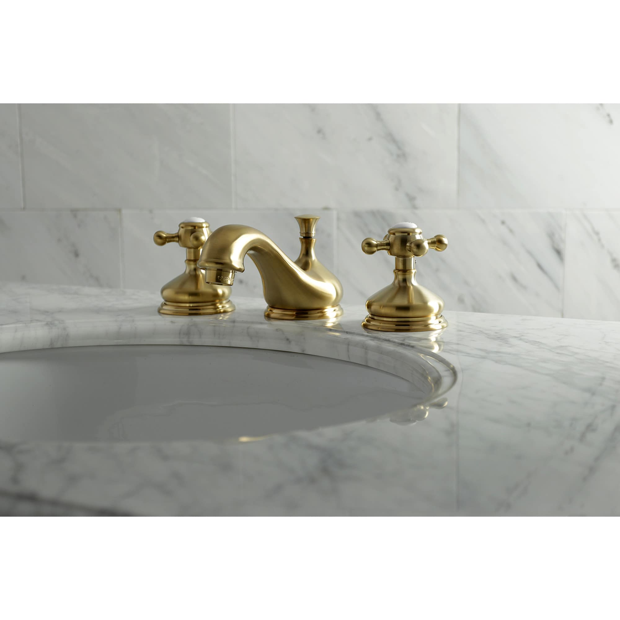 Kingston Brass WLKS1167BX Vintage Brushed brass Widespread 2-handle Low-arc Residential Handle Bathroom Sink Faucet with Drain