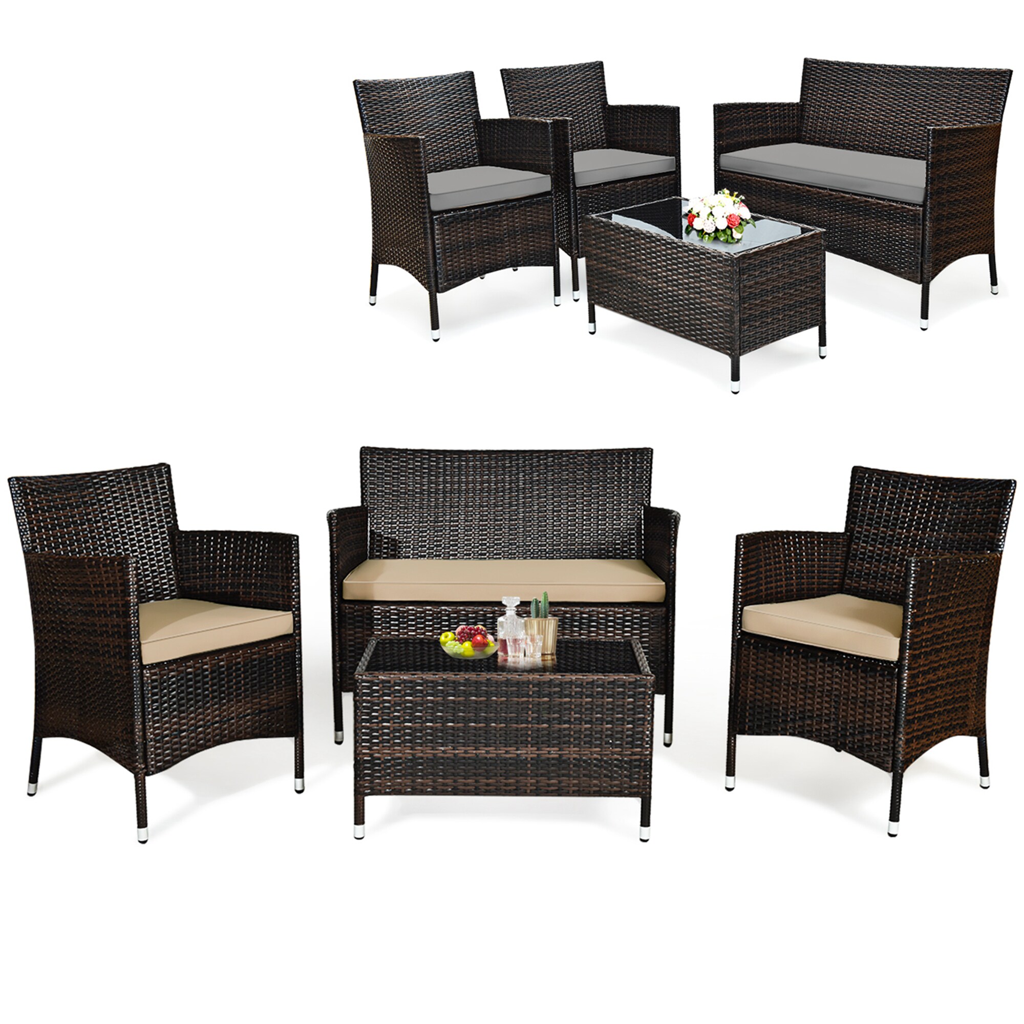 Costway HW67772BG 4-Piece Rattan 2 Patio Sofa Conversation Set with Gray Cushions
