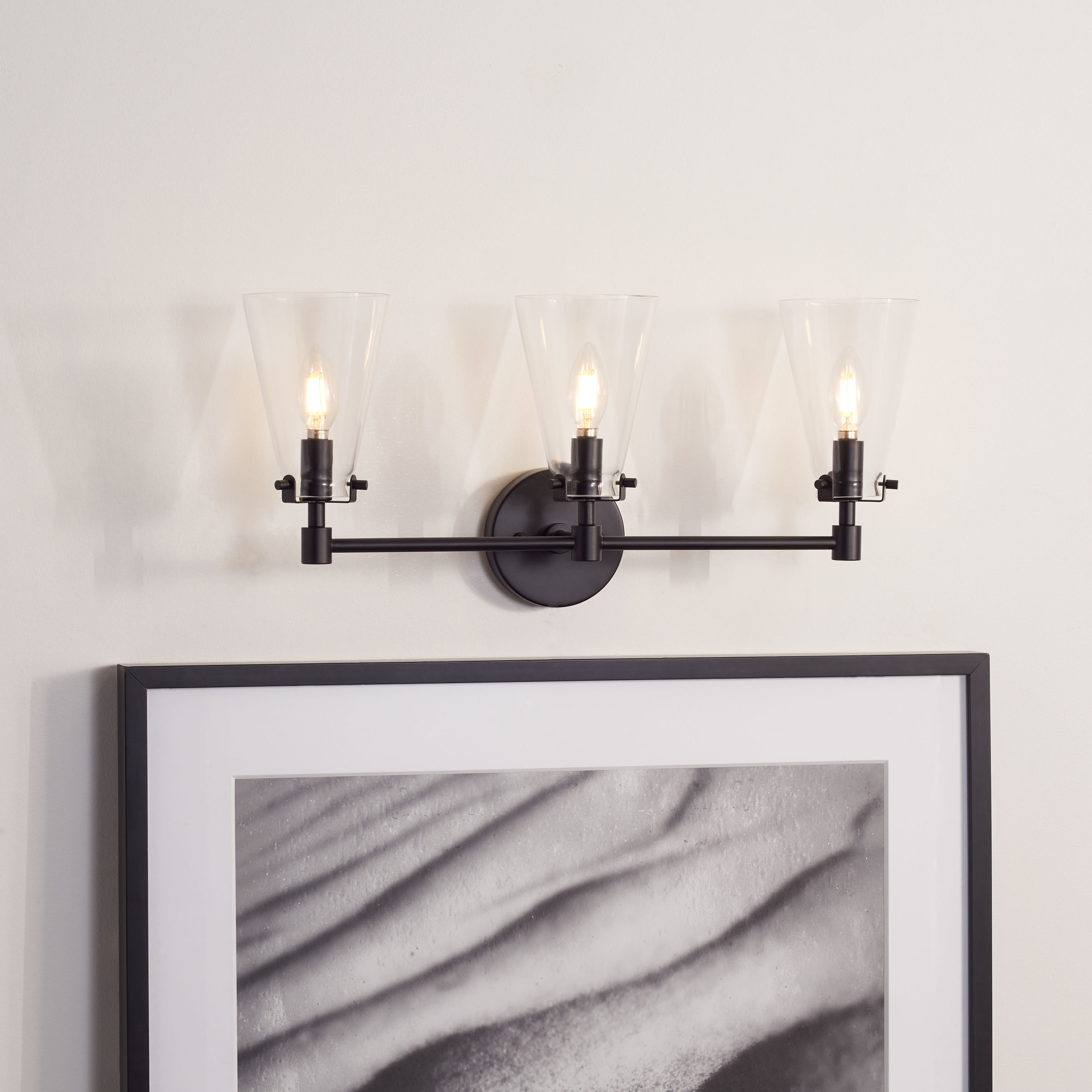Matte Black Glass Shade Vanity Sconce, 3-Light