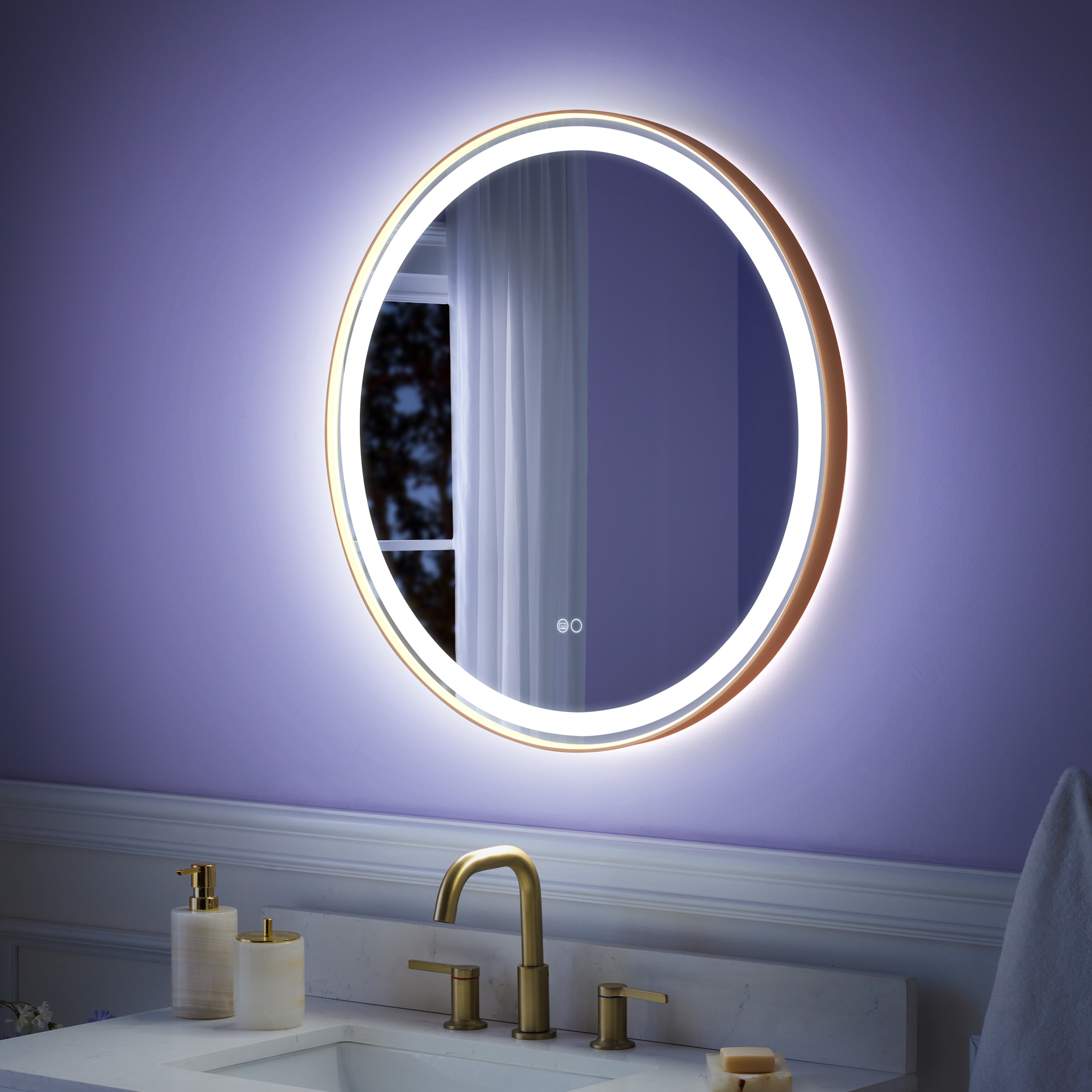 WELLFOR W9RD2828BG Bonie 28-in x 28-in Framed Round Dimmable LED Lighted Fog Free Bathroom Vanity Mirror ( Brushed Gold )