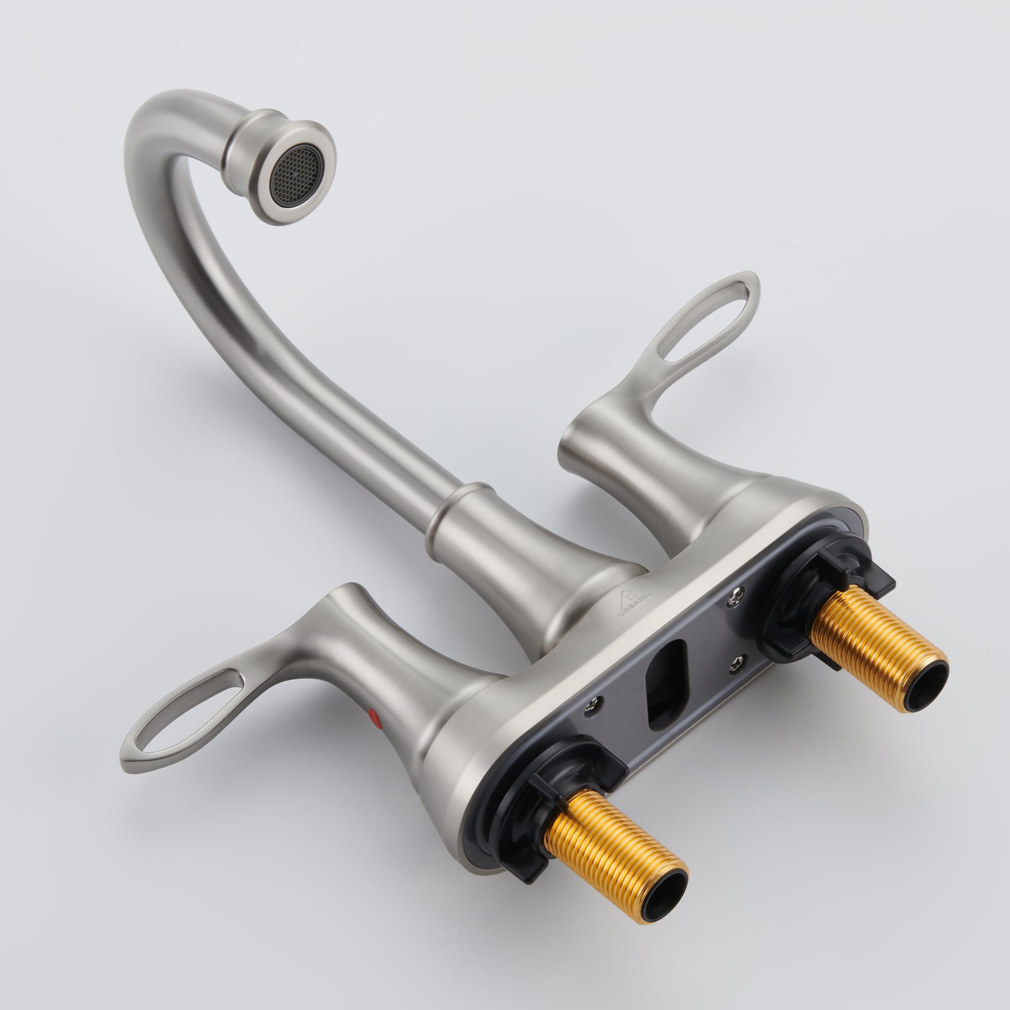 Brushed Nickel Dual Handle High Arc Bathroom Faucet with Metal Drain