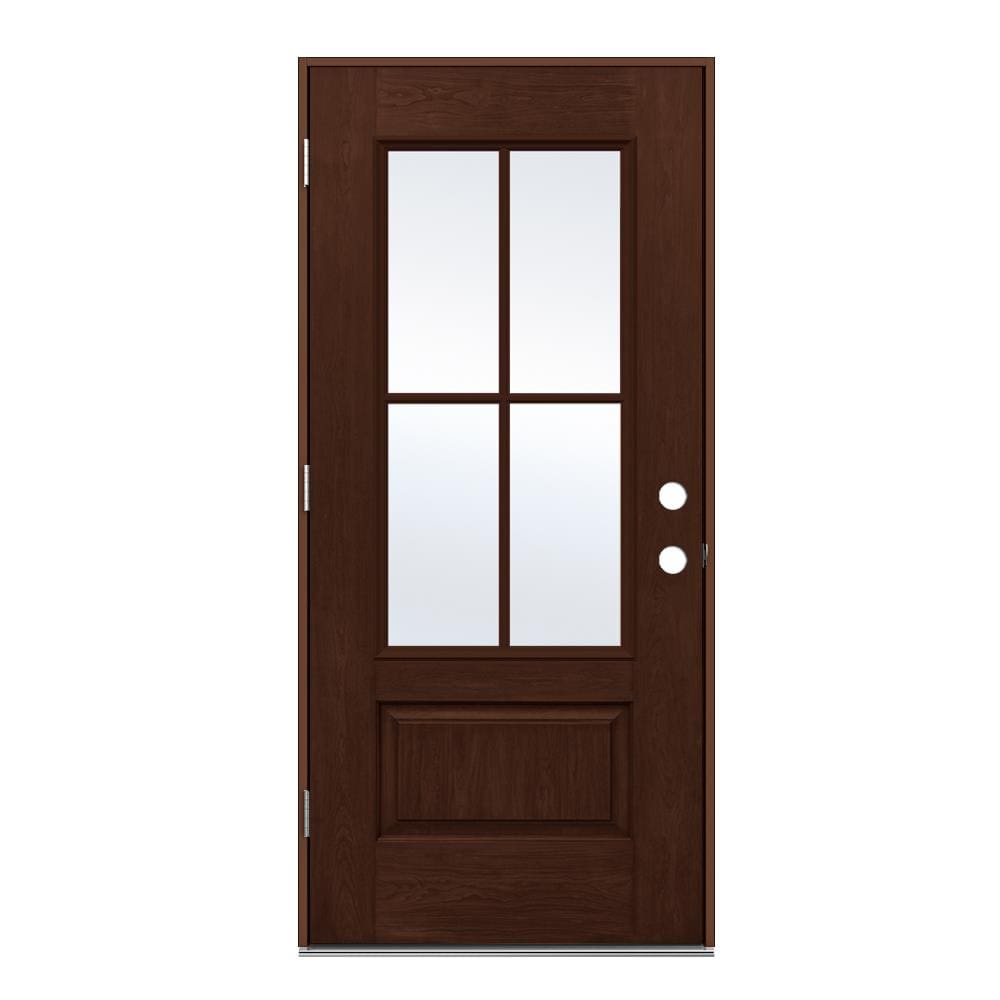 JELD-WEN LOWOLJW232500002 36-in x 80-in x 4-9/16-in Fiberglass 3/4 lite Right-hand outswing Coffee Bean Stained Prehung Front Door Insulating core
