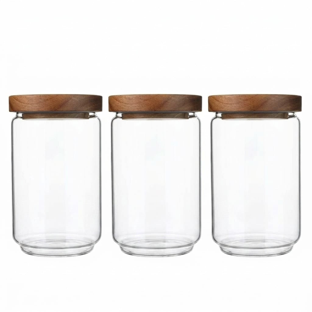 Etokfoks  3 Piece High Borosilicate Glass Storage Jar Set with Acacia Wood Lids Airtight Kitchen Food Canisters Organizer