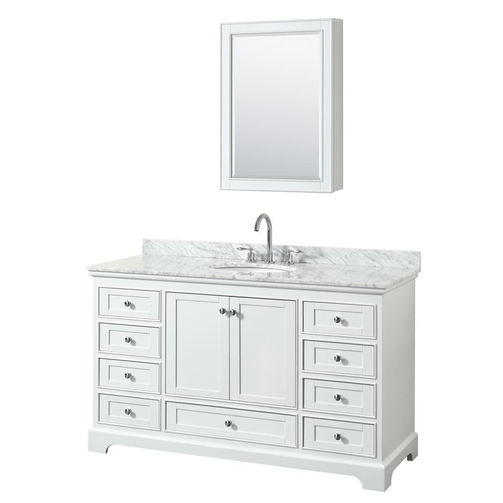 Wyndham Collection WCS202060SWHCMUNOMED Deborah 60-in White with Polished Chrome Trim Undermount Single sink Bathroom Vanity with White Carrara Marble Natural marble Top (Mirror Included)