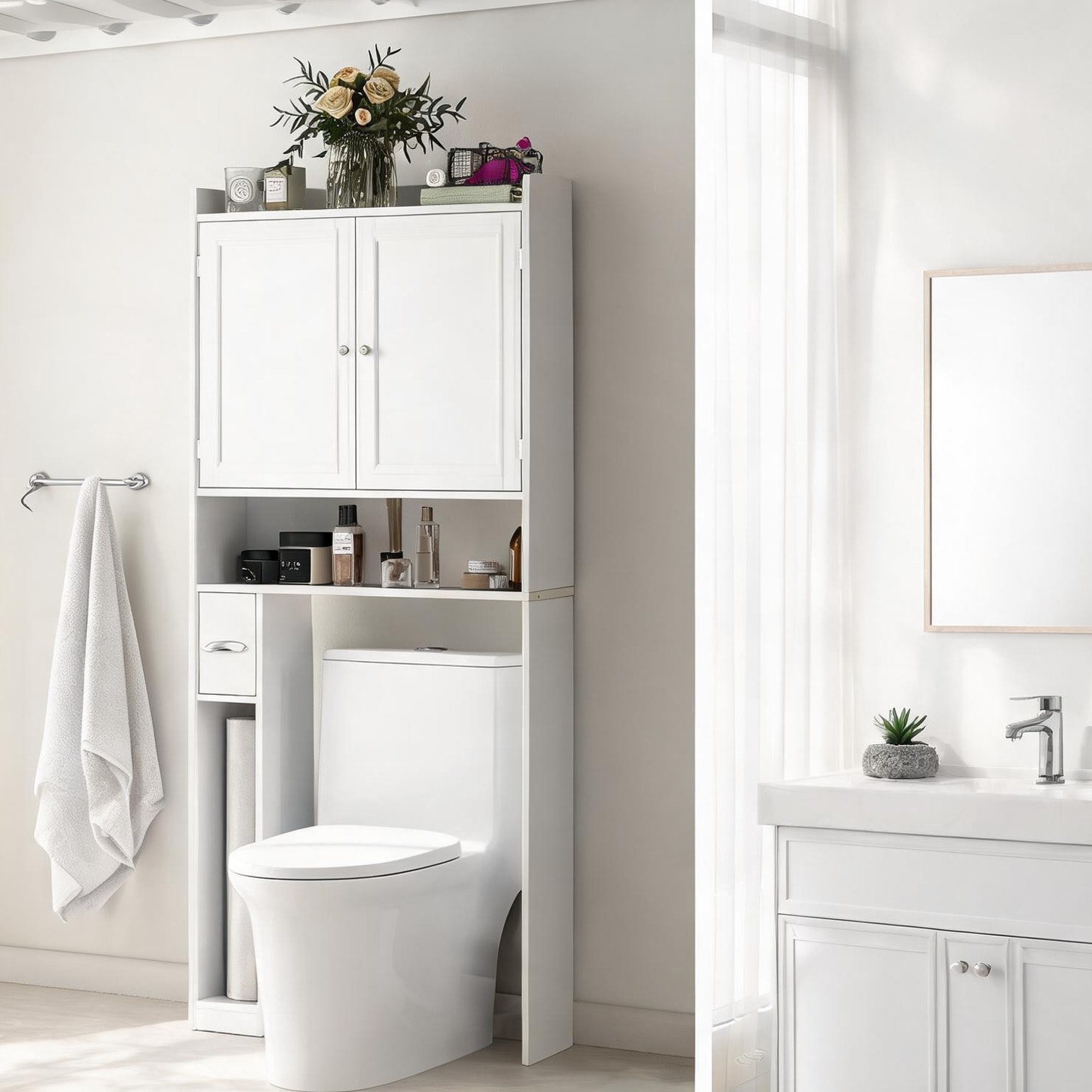 chillscreamni Classic Gray MDF Over-the-Toilet Storage Cabinet 31.5 W x 66.9 H Adjustable Shelves Soft-Close Doors Anti-Tip Design