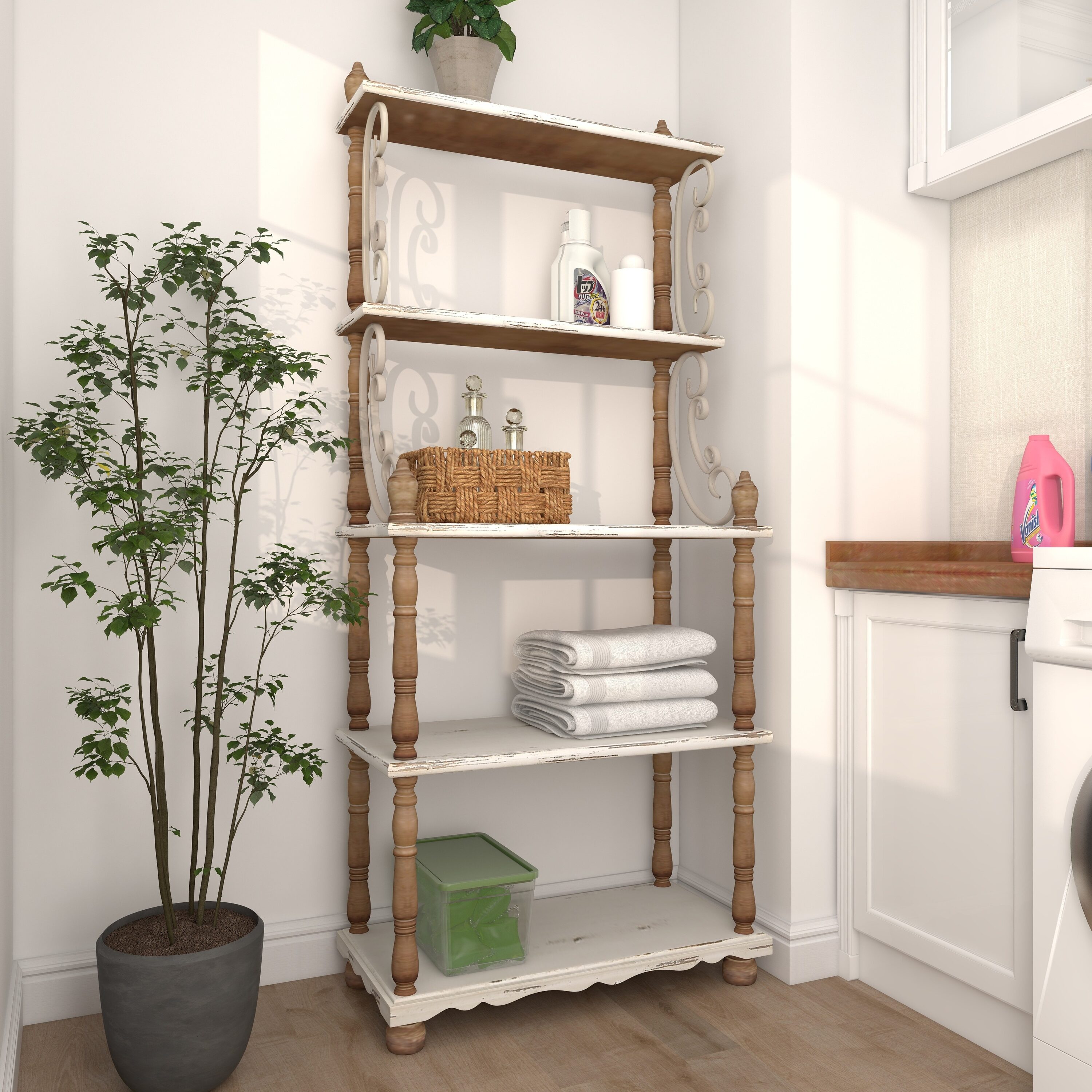 75" White and Brown Wood 5-Tier Farmhouse Baker's Rack