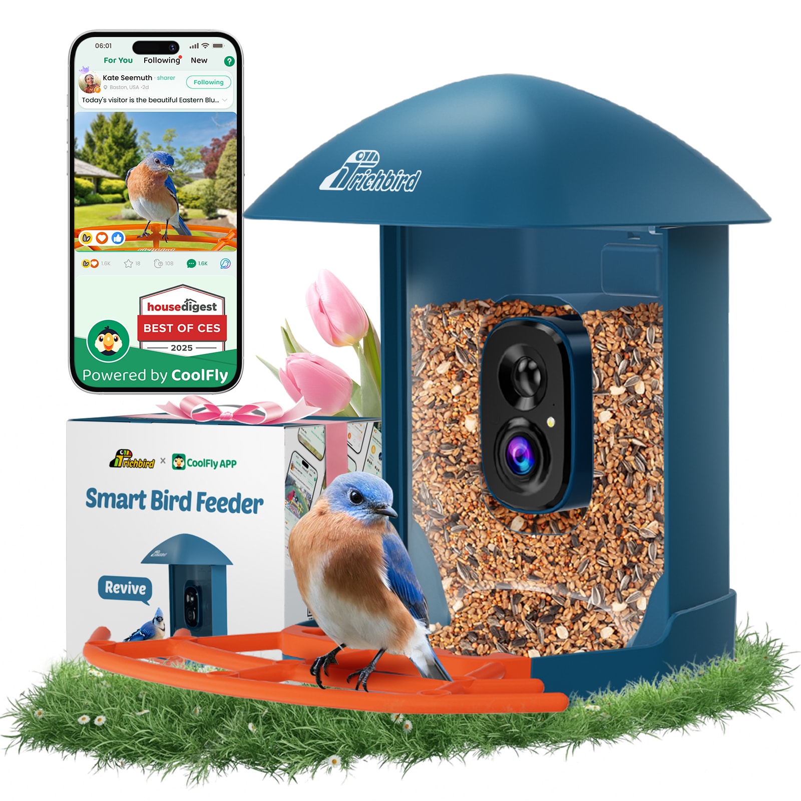COOLFLY  x Richbird Solar Smart Bird Feeder with AI Identification and 2L Capacity - Deep Blue