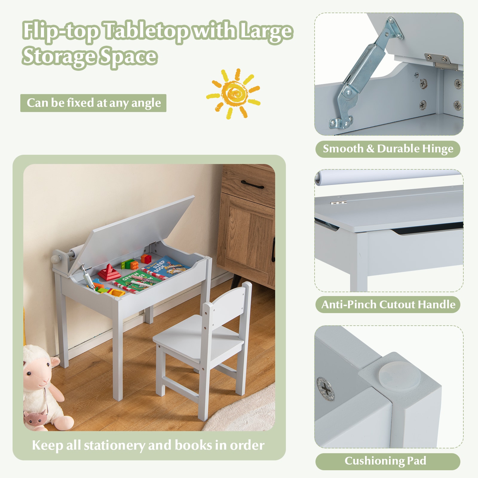 Volenca Wooden Kids Table and Chair Set with Lift-Up Tabletop Storage ...