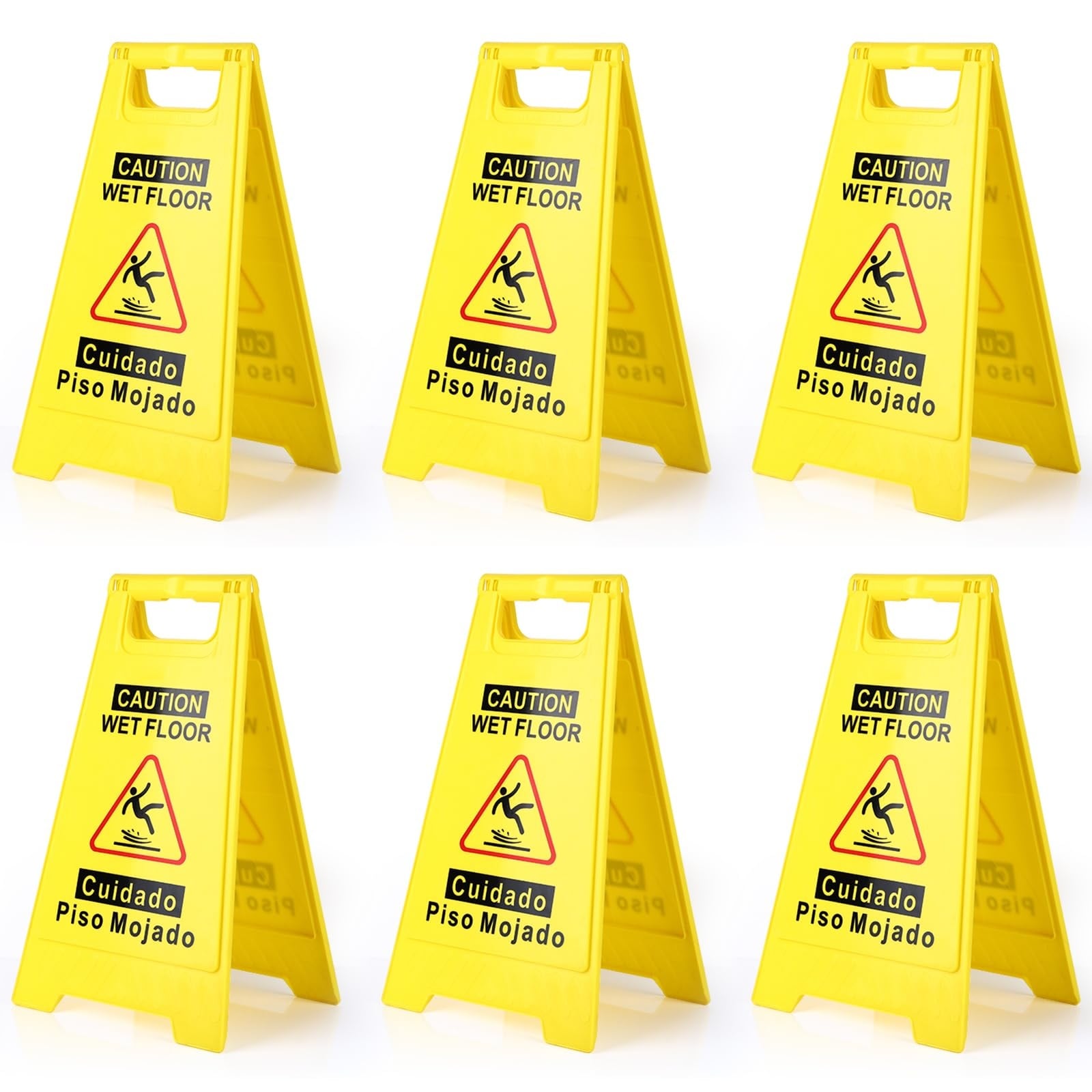 Phyfalip  6 pack caution wet floor sign 17 inch bright yellow double sided folding A frame bilingual English Spanish message durable plastic for