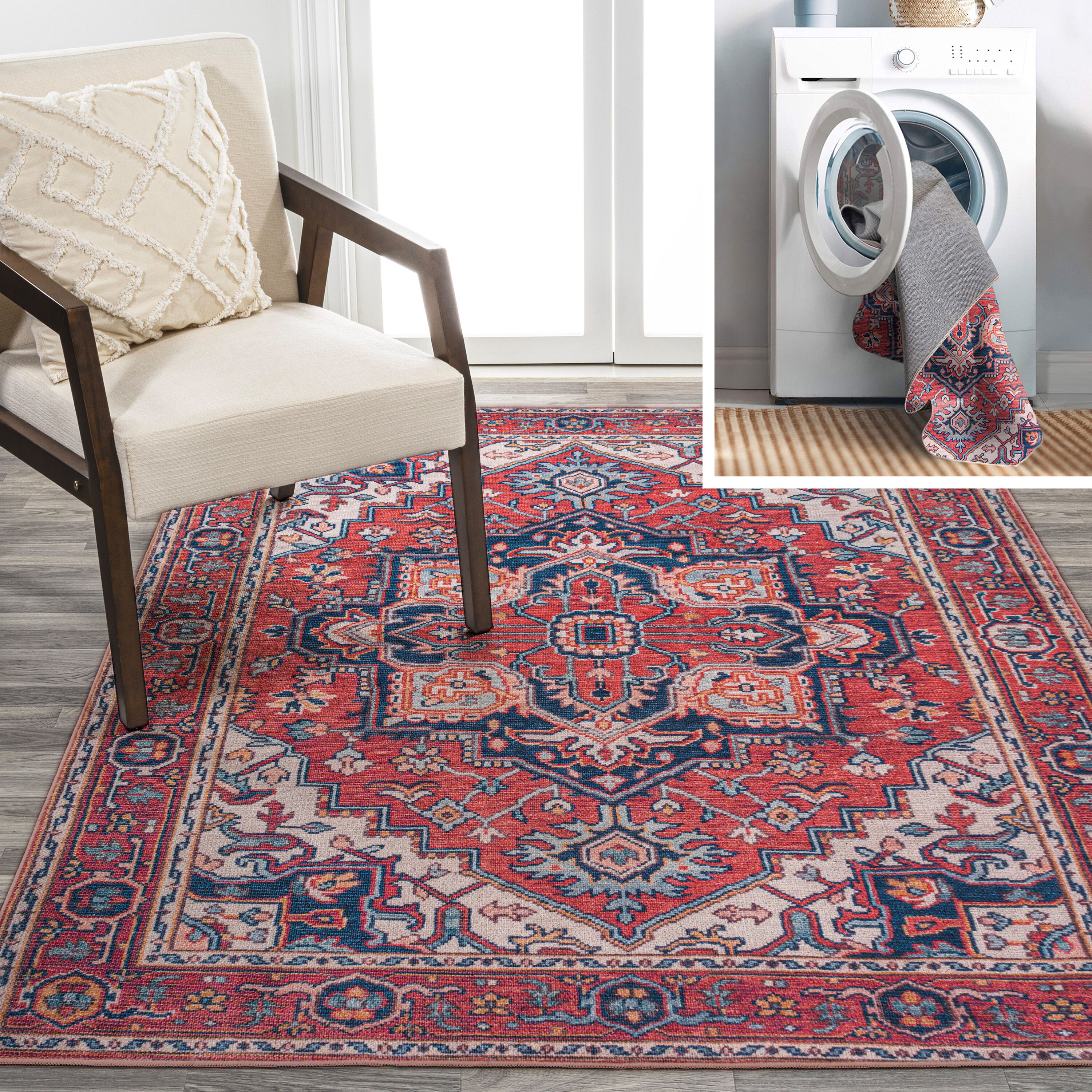 Traditional 4x6 Area Rug (4' x 5'3'') Oriental Rust, Cream Indoor Rectangle  Easy to Clean Machine Washable 